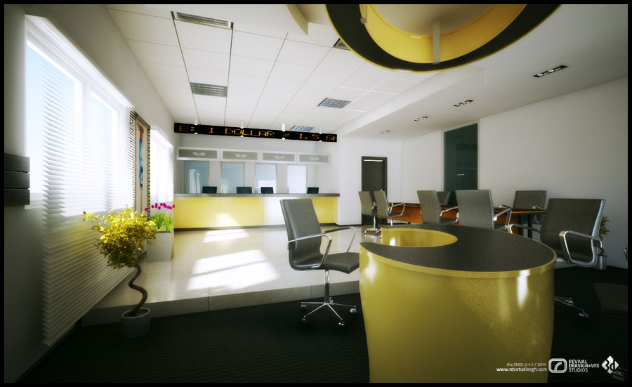 A render of a bank&rsquo;s banking hall: a curved counter in glossy yellow with a dark worktop stands in the near foreground beside a grey task chair on dark carpet, and behind it a pale service counter runs beneath a row of glass-screened teller bays labelled TELLER. An amber LED board above the counter reads out an exchange rate. Daylight slants through venetian blinds at the left onto a polished floor, a trained plant and a pot of tulips soften the window wall, and a large yellow-and-black ring luminaire hangs from the tiled lift-ceiling at the upper right.