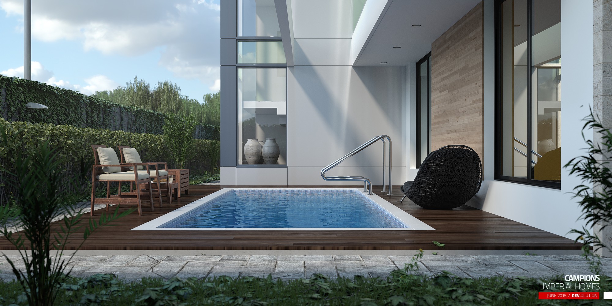 The pool courtyard by day: a rectangular plunge pool in a timber deck, two cushioned deck chairs and a black wicker chair, a glazed display niche with stone urns, a timber-clad wall and a hedge beyond