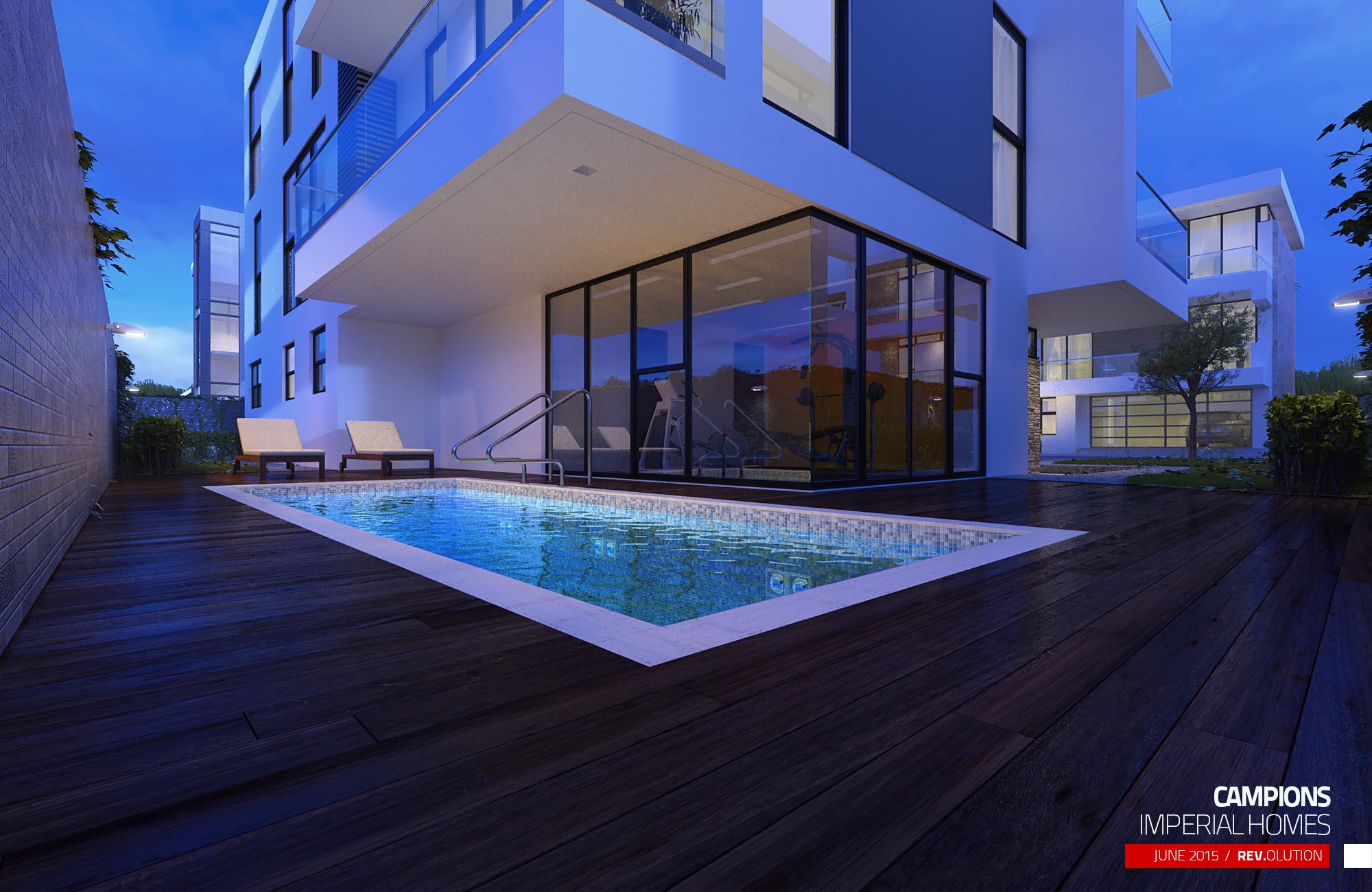 The same pool courtyard at dusk, the house lit from within and a cantilevered balcony with a glass balustrade overhanging the deck