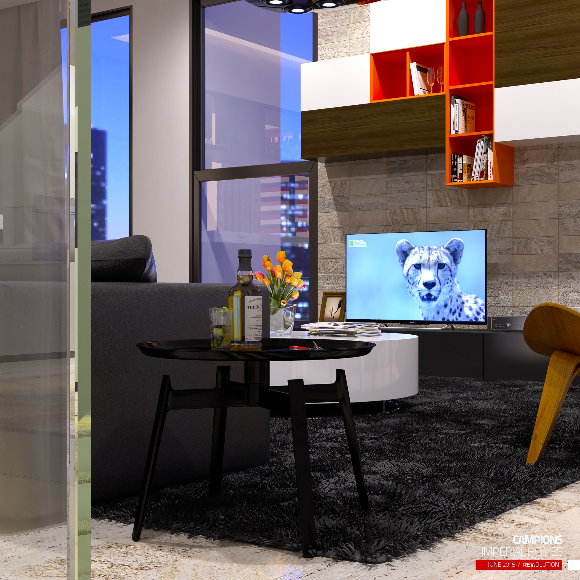 The living room close view: a television showing a leopard set into a stone wall, orange shelving, black round coffee tables and a yellow chair