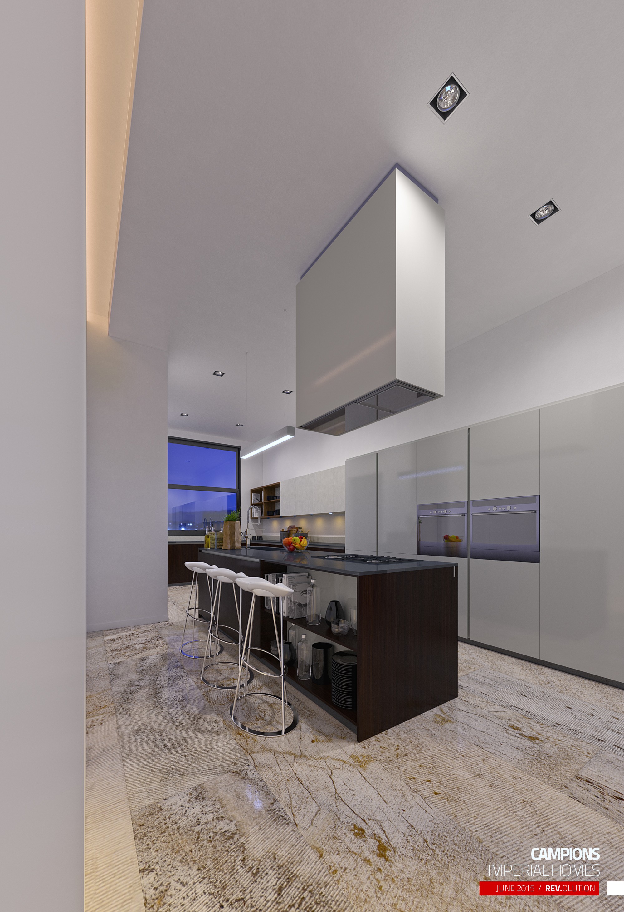The kitchen in portrait: handleless white cabinets, a dark island with bar stools, a large white extractor-hood box and a pale marble floor