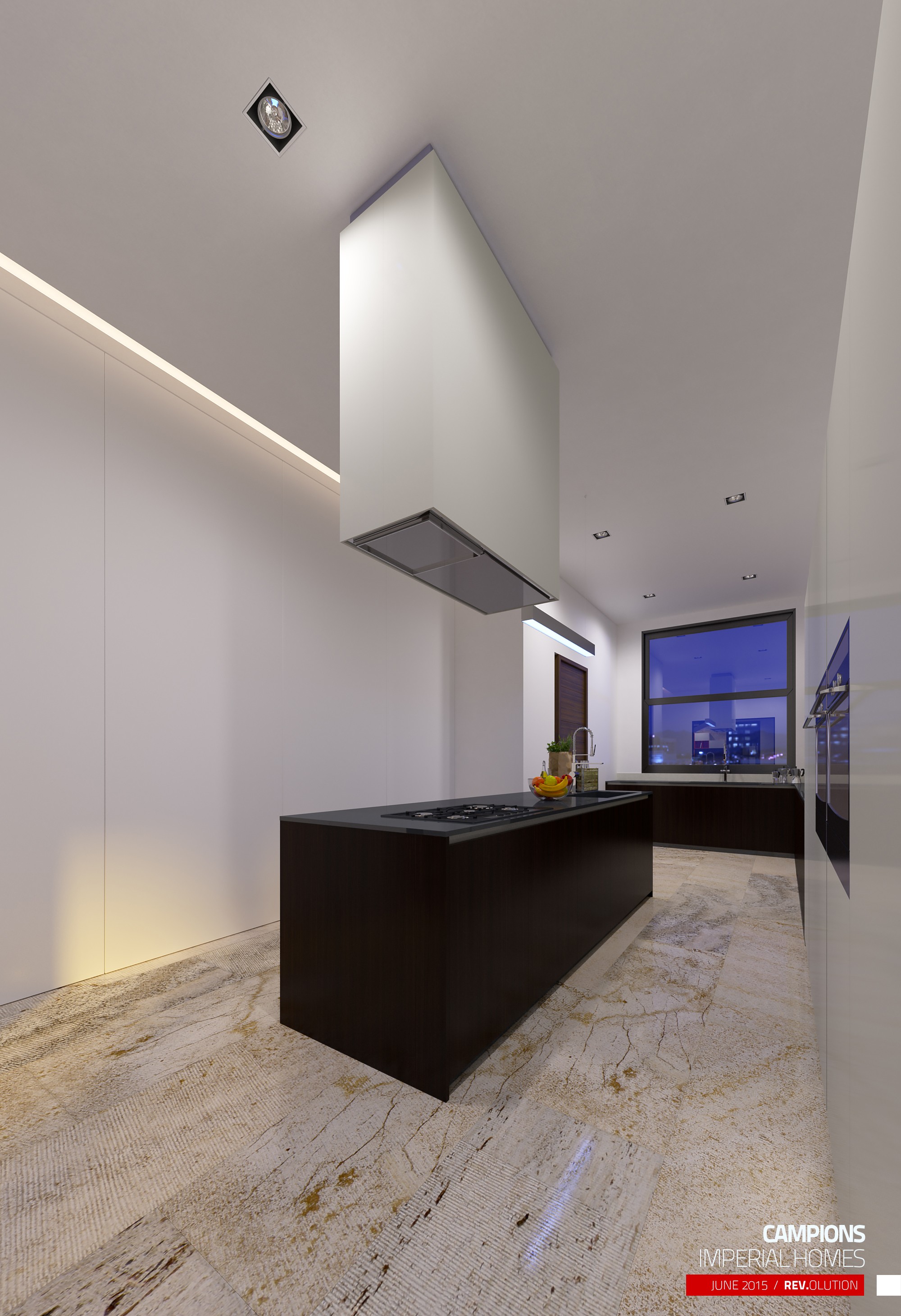 The same kitchen from the other end in portrait: the dark island in the foreground and the white extractor box over the run of cabinets