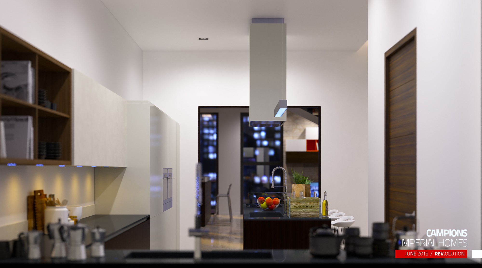 The kitchen straight on, with a mirrored splashback behind the counter reflecting the room