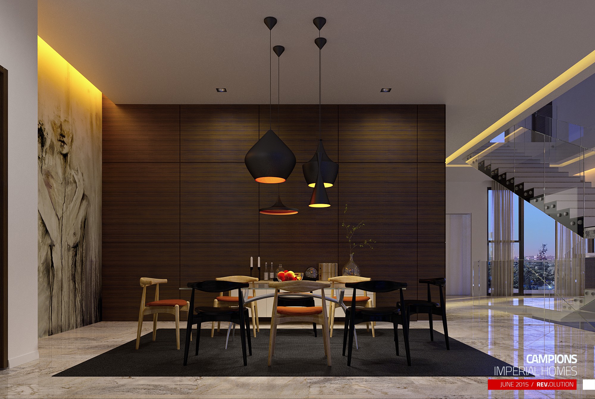 The dining room: a dark timber-panelled wall, black pendants over a table on a dark rug, and the stair rising at the right