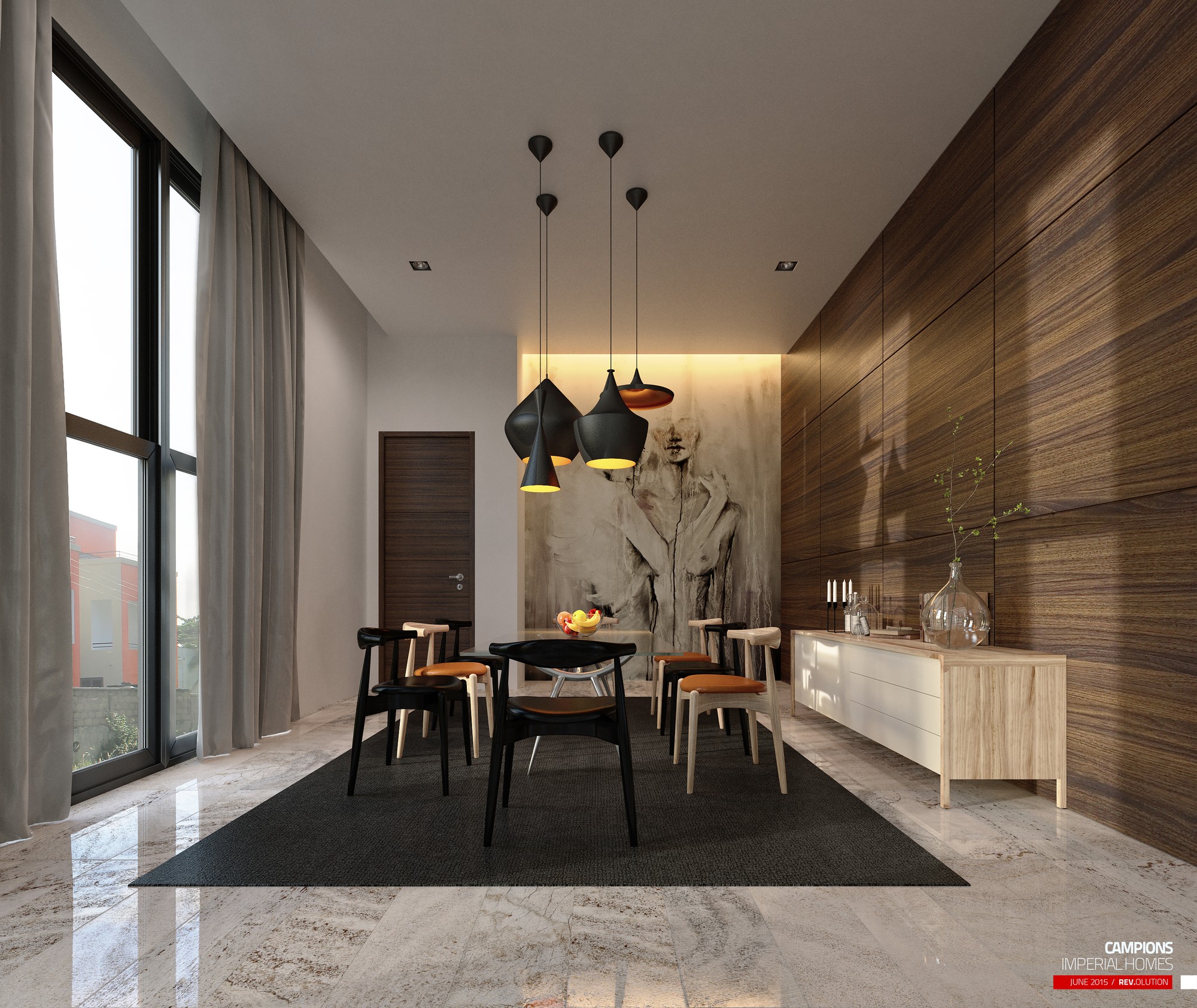 The dining room from the other angle, with a light-wood sideboard against the panelled wall