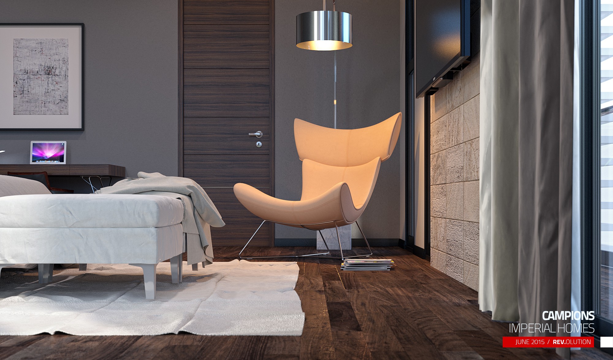 A bedroom corner: a white bed, a peach armchair, dark wood flooring, a stone wall and a wall-mounted television