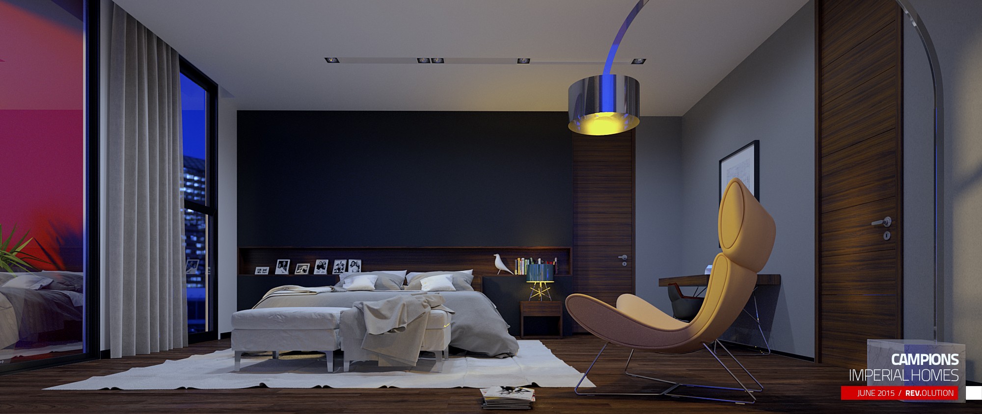A bedroom wide: a magenta wall at the left, the bed against a stone headboard wall and a yellow chair by the window