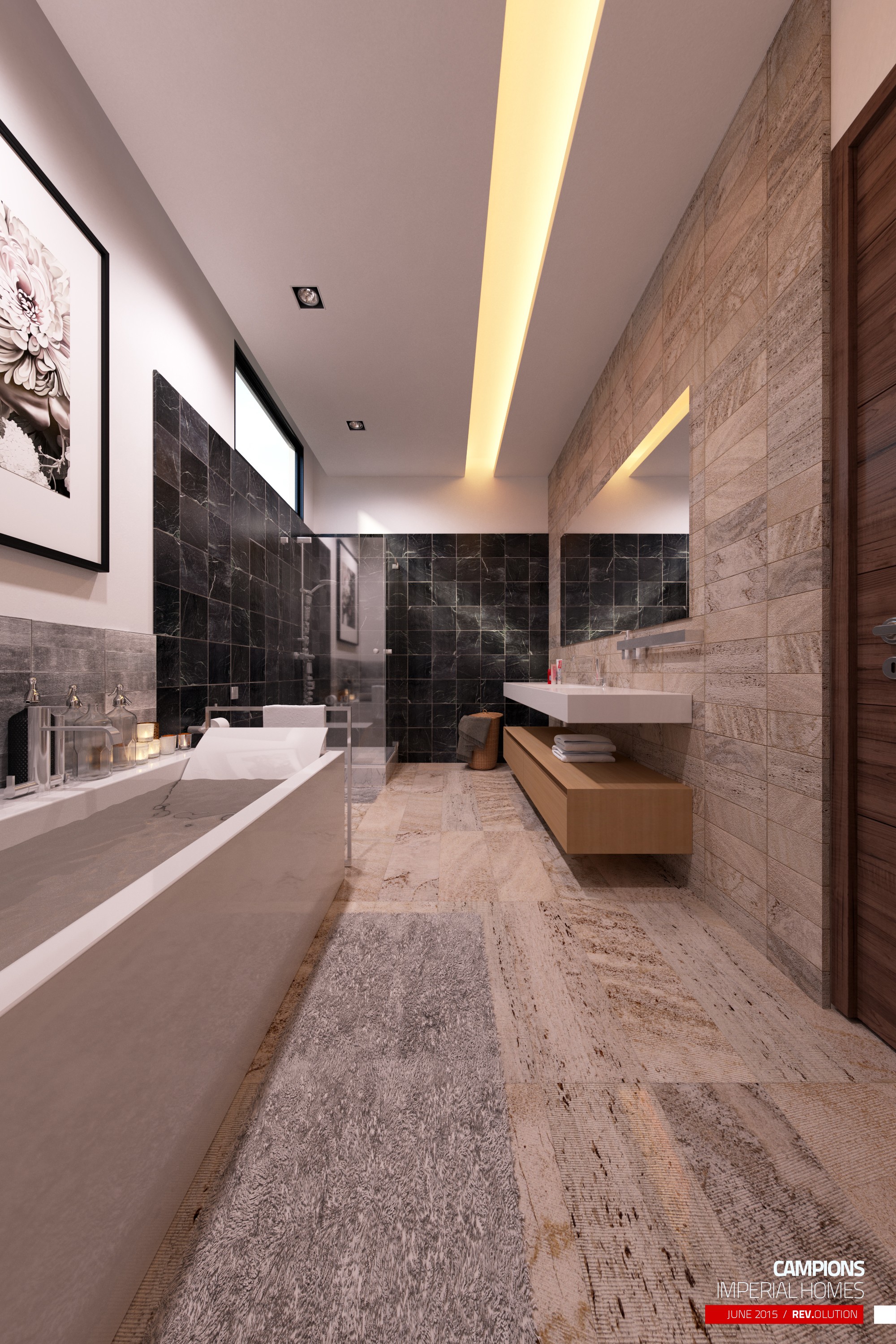 A bathroom in portrait: a freestanding white tub against a black marble wall, a stone wall with a floating vanity and cove light, and a rug runner on the floor