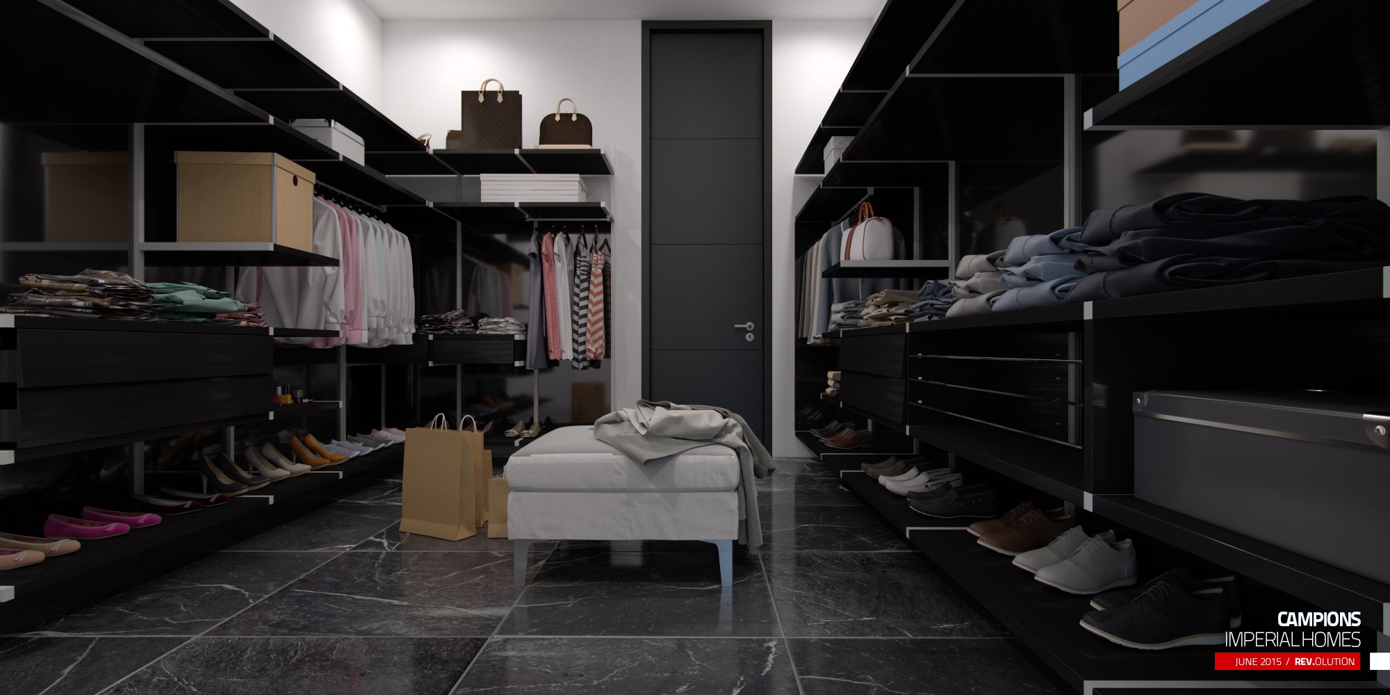 A walk-in dressing room with open shelving, a dark floor and an ottoman in the centre