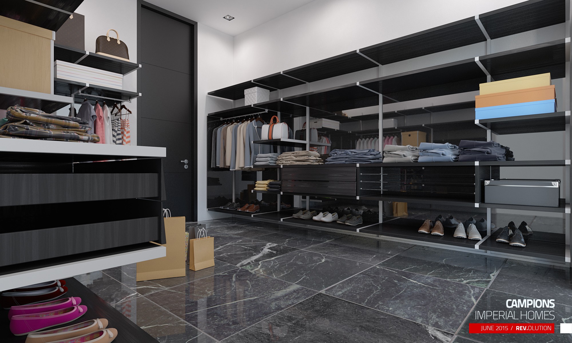 The same dressing room from the other angle: black shelving, a marble floor and storage boxes on the lower shelves