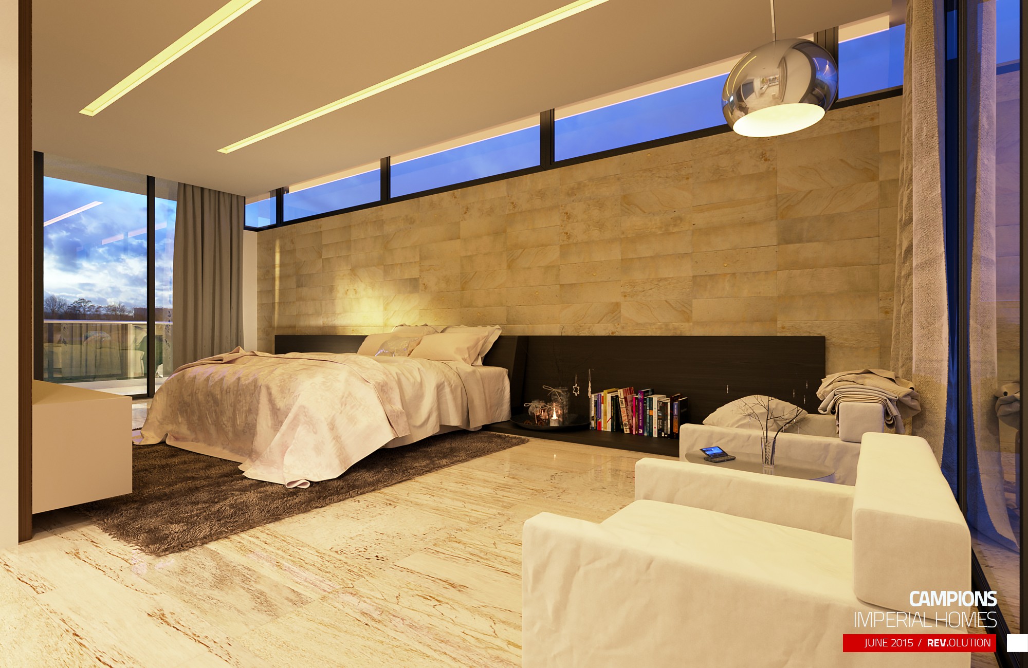 A bedroom with cream bedding against a lit stone headboard wall, clerestory windows above, a white sofa at the right and books shelved under the bed platform