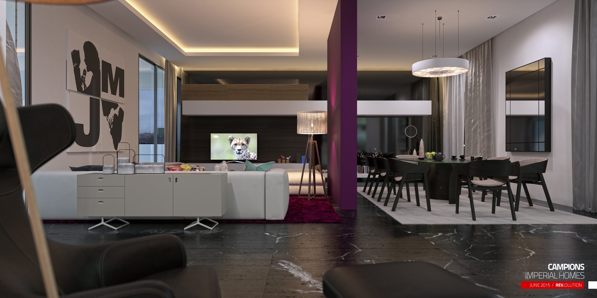 A diptych: at left the living room with white low cabinets, a wall television and a magenta column; at right the dining room with a black table and pendant