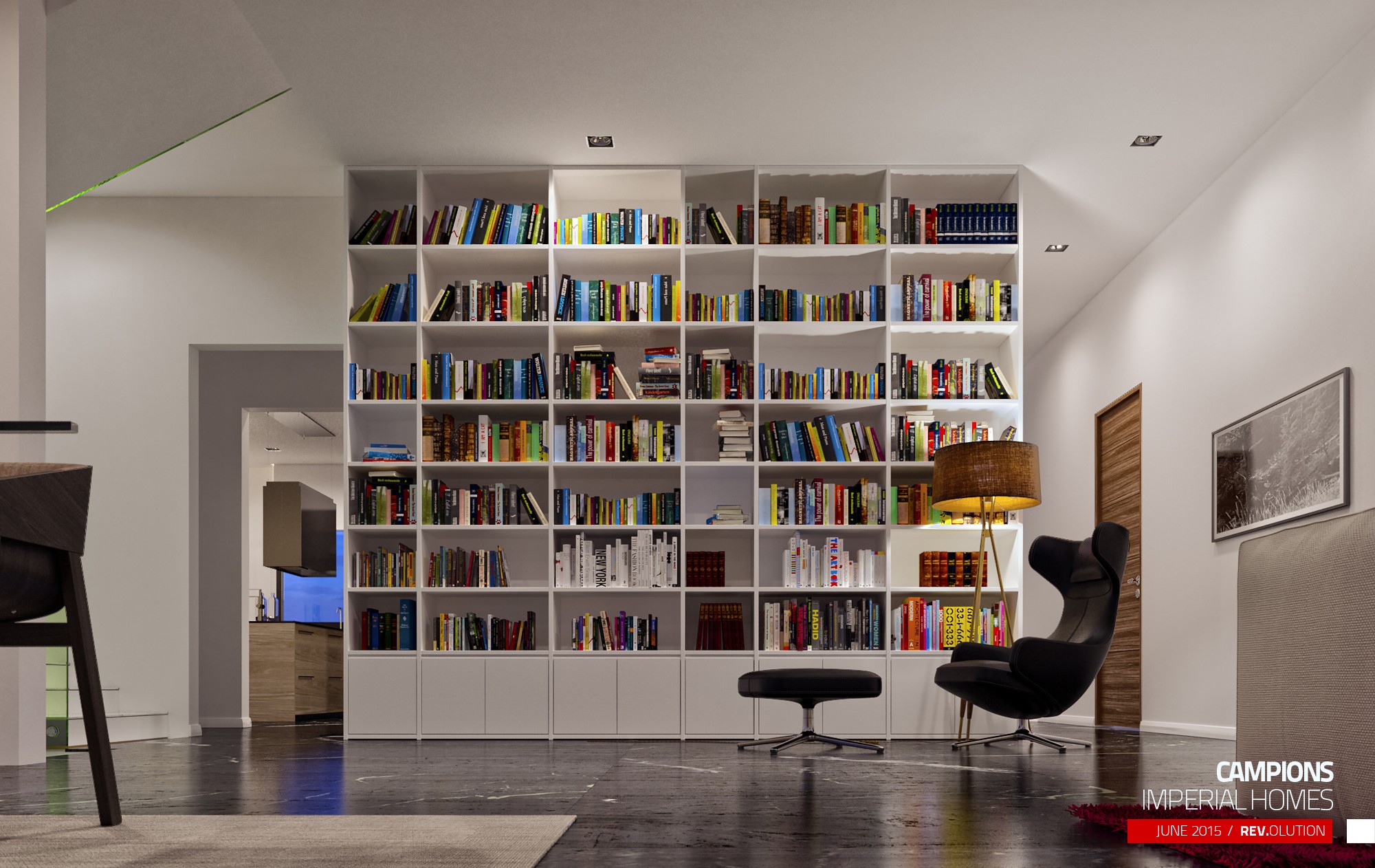 A study: a full-height white bookshelf wall, a black chair and a dark wood floor