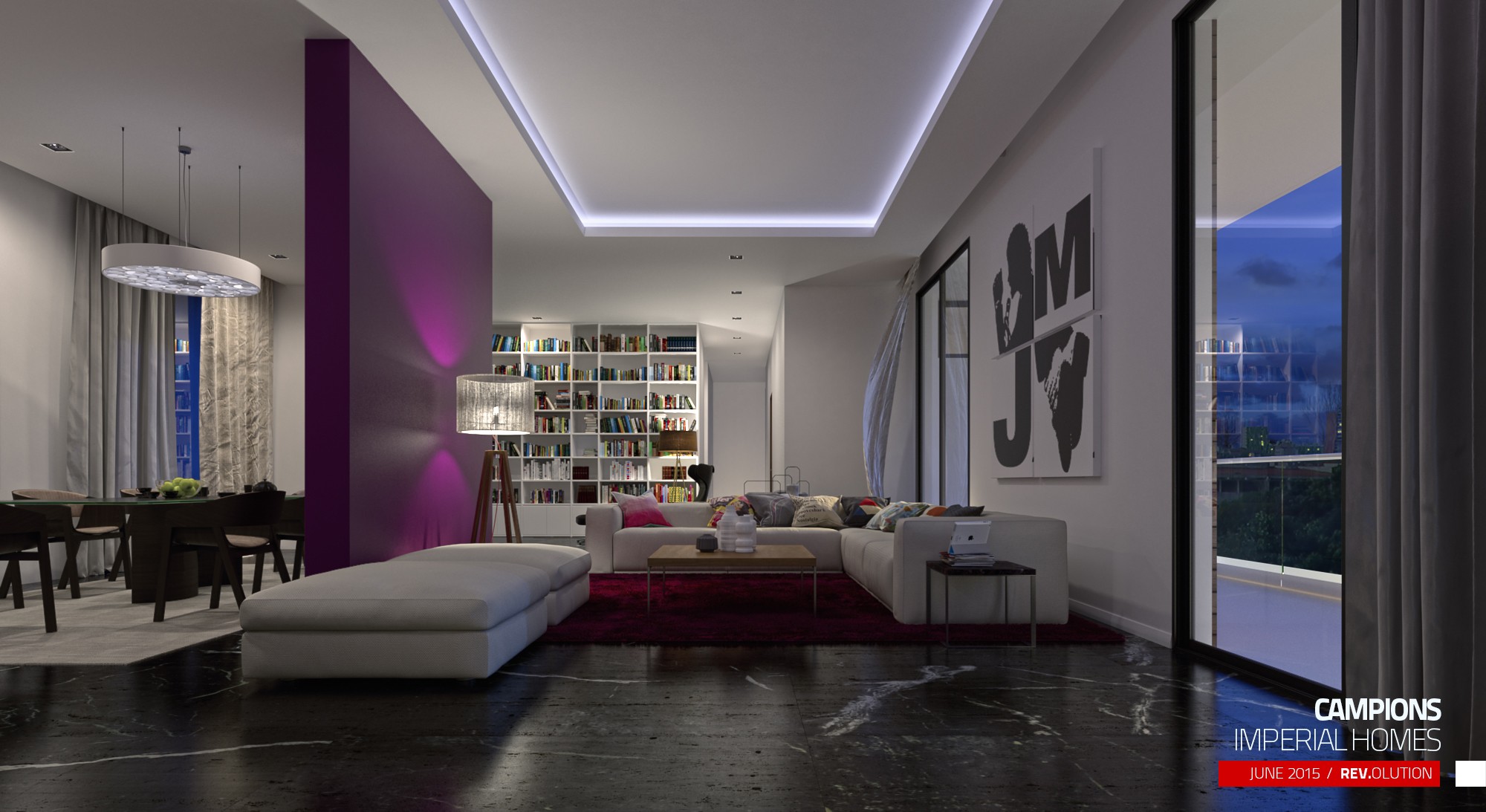 The living room with a magenta feature wall, a white sofa on a red rug, the dining table at the left and the bookshelf wall behind