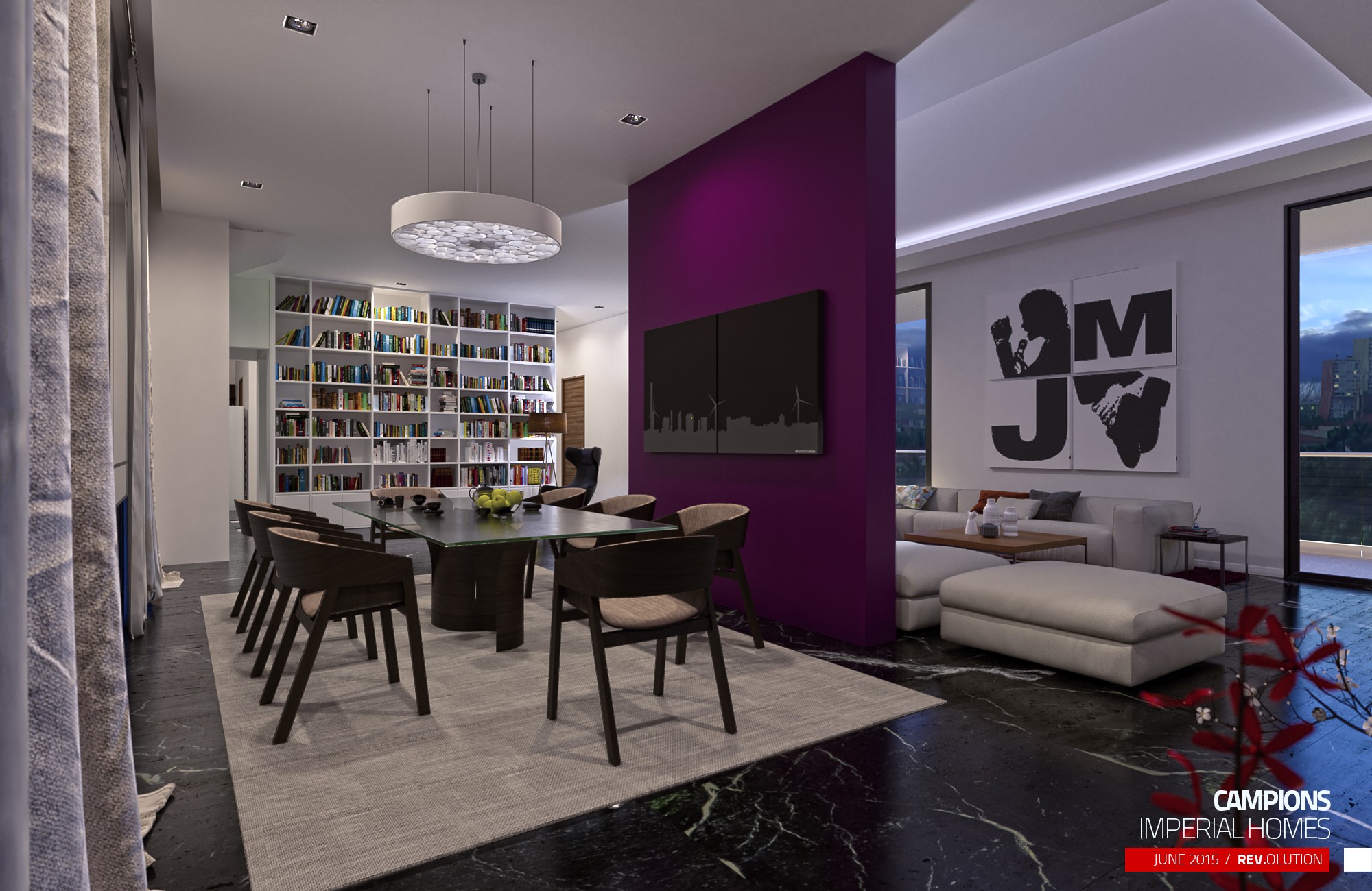 The same room toward the dining table on its rug, the magenta wall carrying a television and a framed monogram