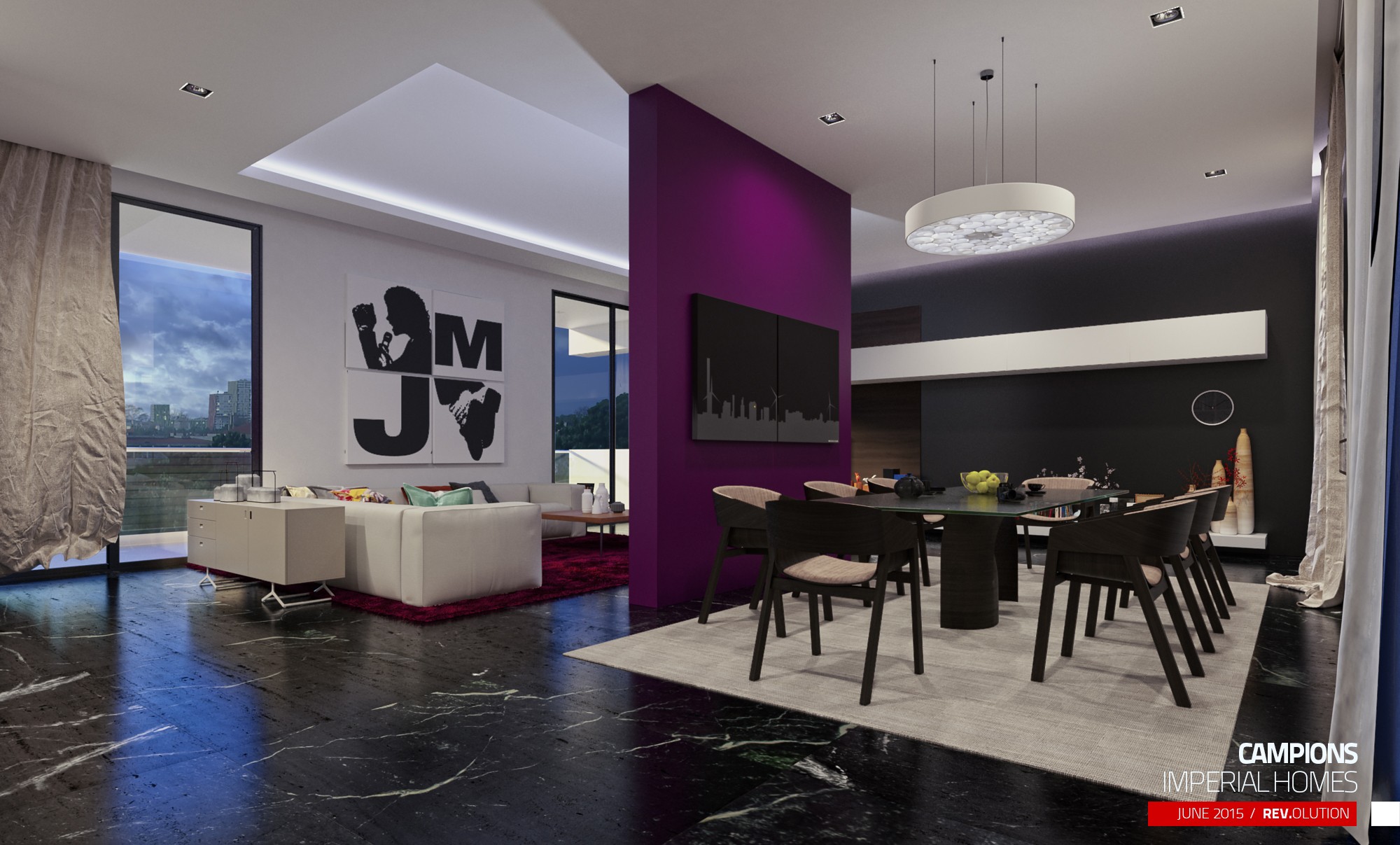 The same room again from the living side, the framed monogram on the magenta wall behind the white sofa