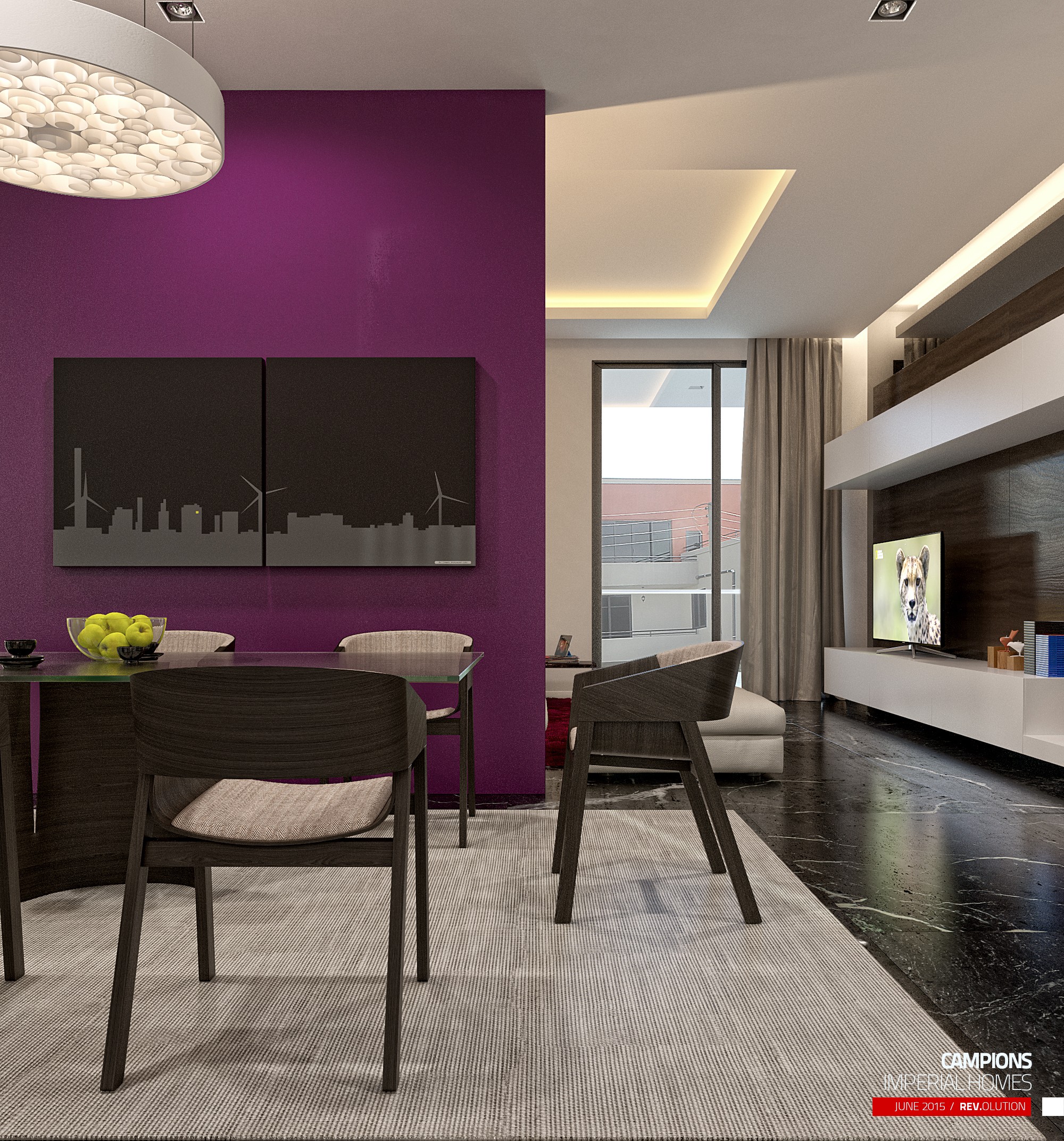 The dining table close: dark chairs on a rug against the magenta wall, skyline art panels and a black pendant above
