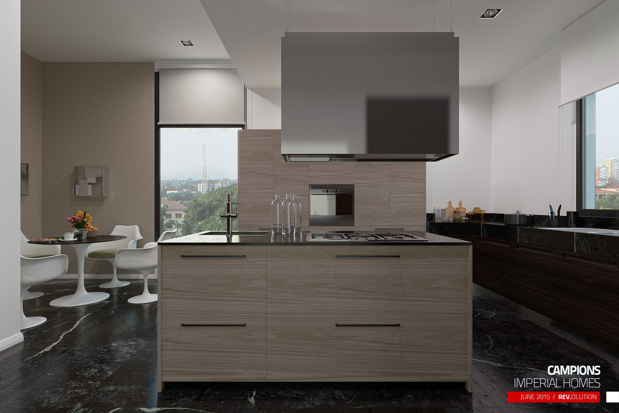 A kitchen with a pale-wood island, a white extractor-hood box, a dark marble floor and white tulip chairs at the left