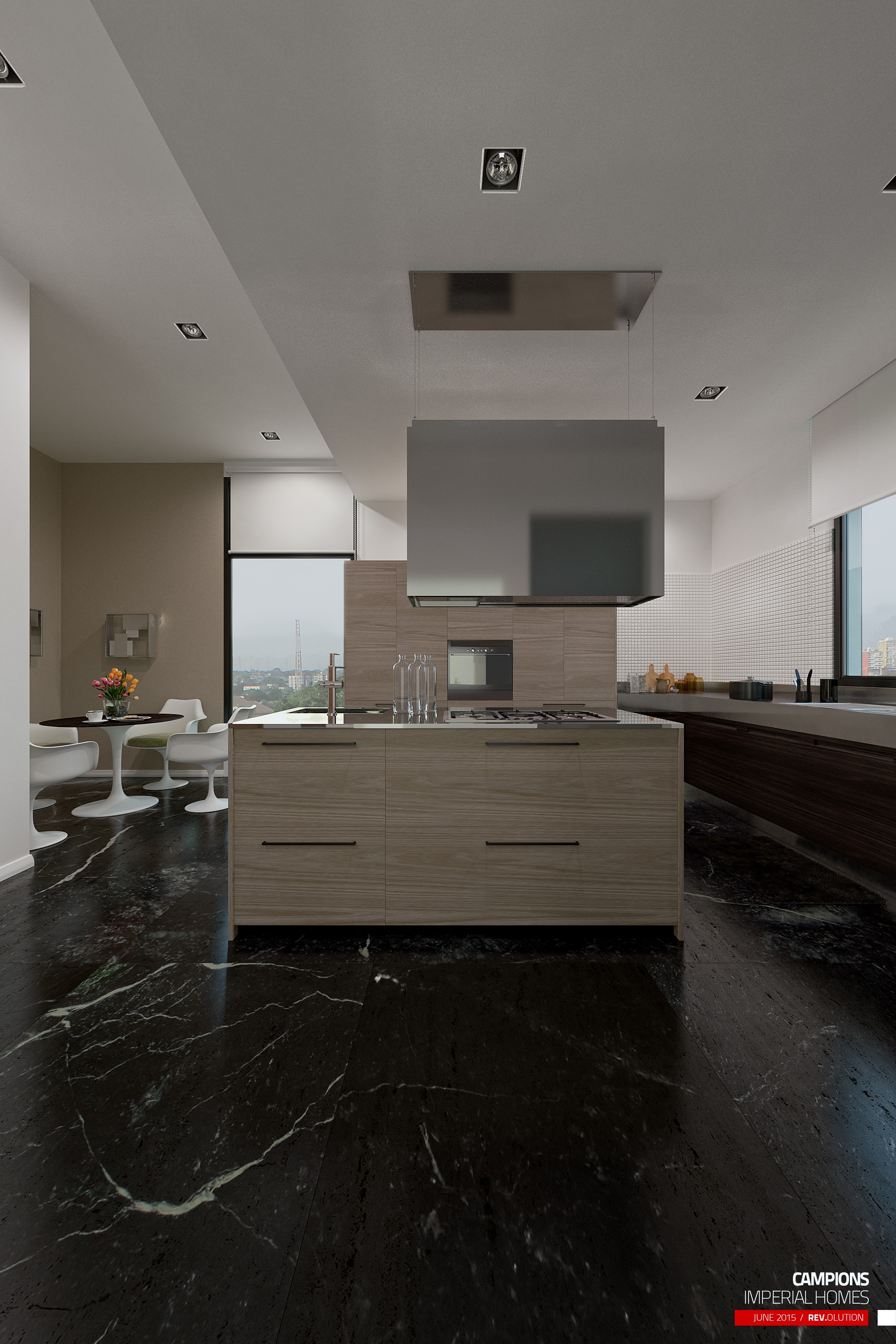 The same kitchen in portrait, the pale-wood island in the foreground under the white hood box