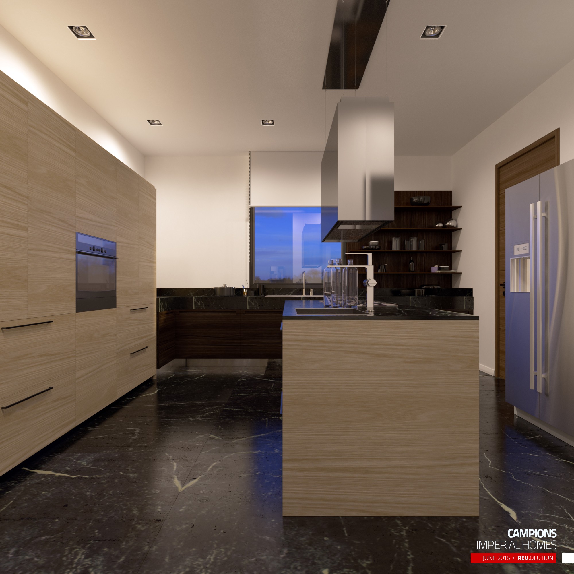 The kitchen from the other angle: a pale-wood run with stacked ovens, a dark island, a blue-lit niche and the fridge at the end
