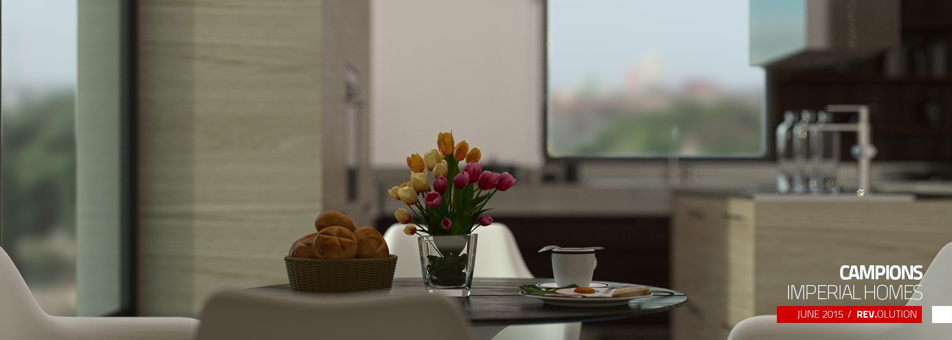 A narrow crop of the same island counter with the flower bowl and the hood box above