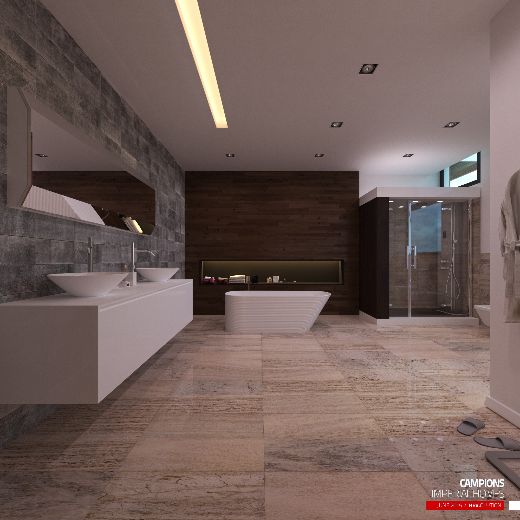 A bathroom: a double vanity on the left wall, a freestanding tub in the centre, a dark wood wall, a glass shower at the right and a pale tile floor