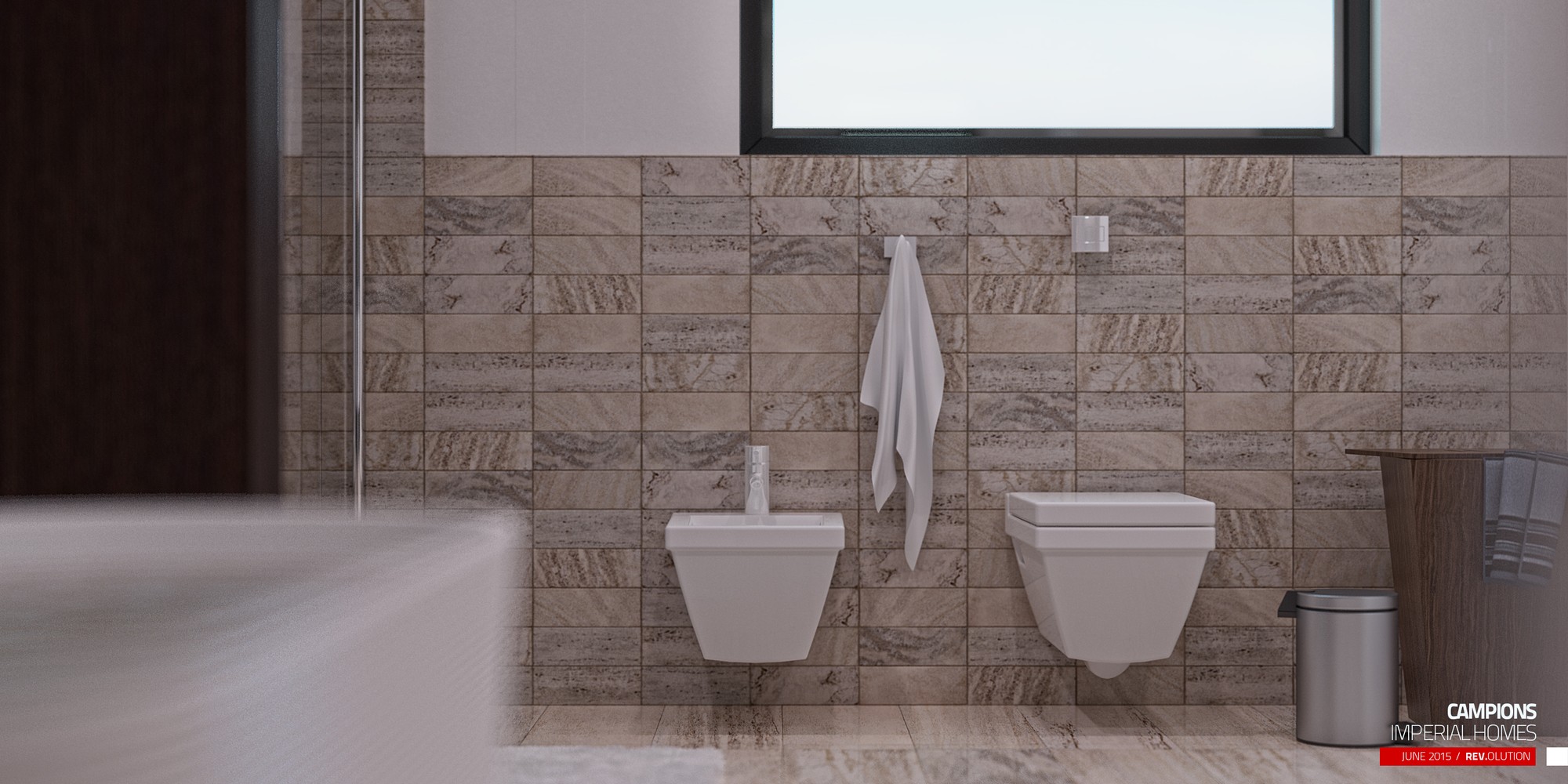 A water closet strip: two wall-hung WCs, a towel and a bin against a stone tile wall under a high window
