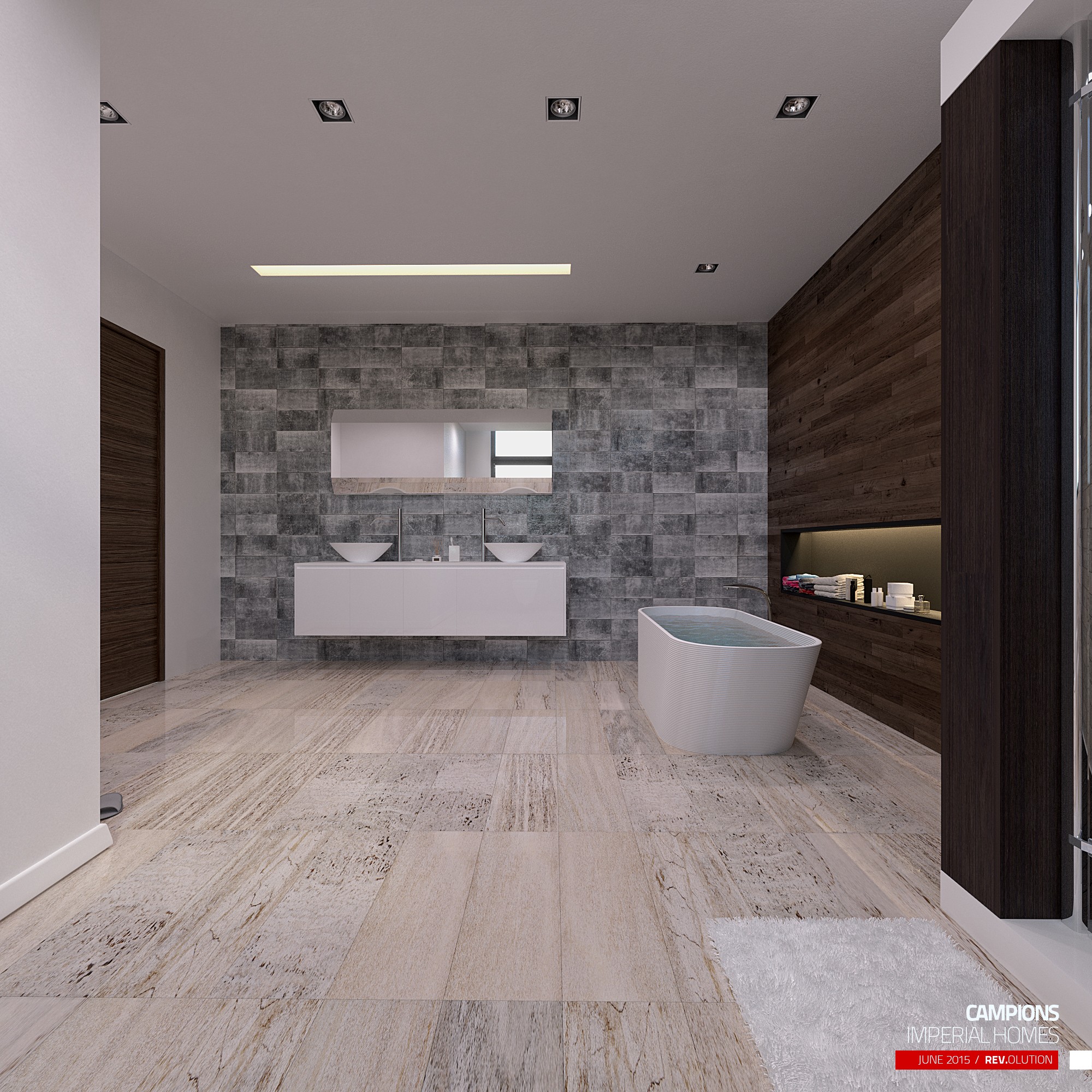 A bathroom: a double vanity on a stone wall, a freestanding tub at the right and a dark wood wall beyond