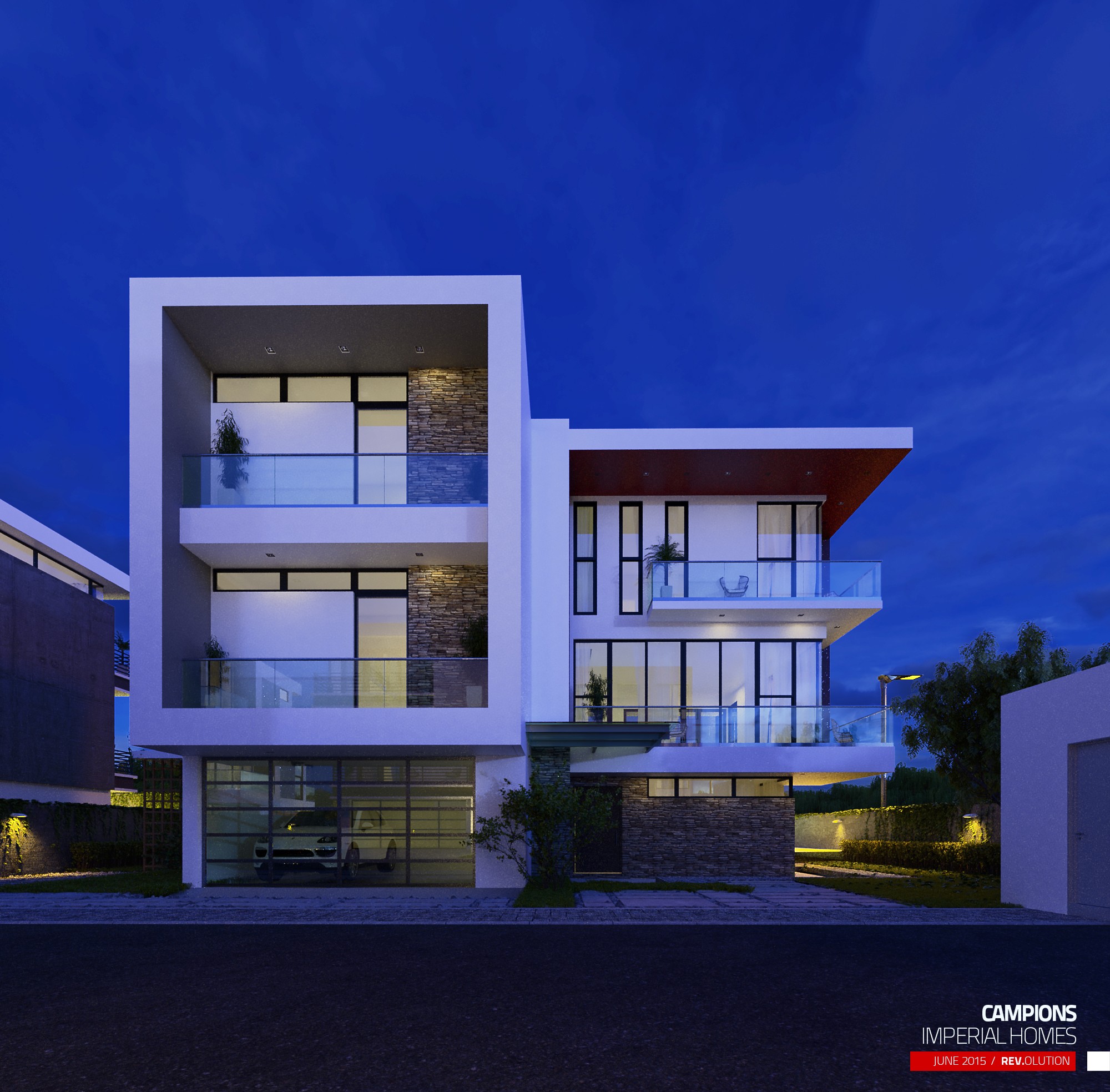 An exterior at night: a white cubic house with stacked balconies and glass balustrades lit from within against a deep blue sky