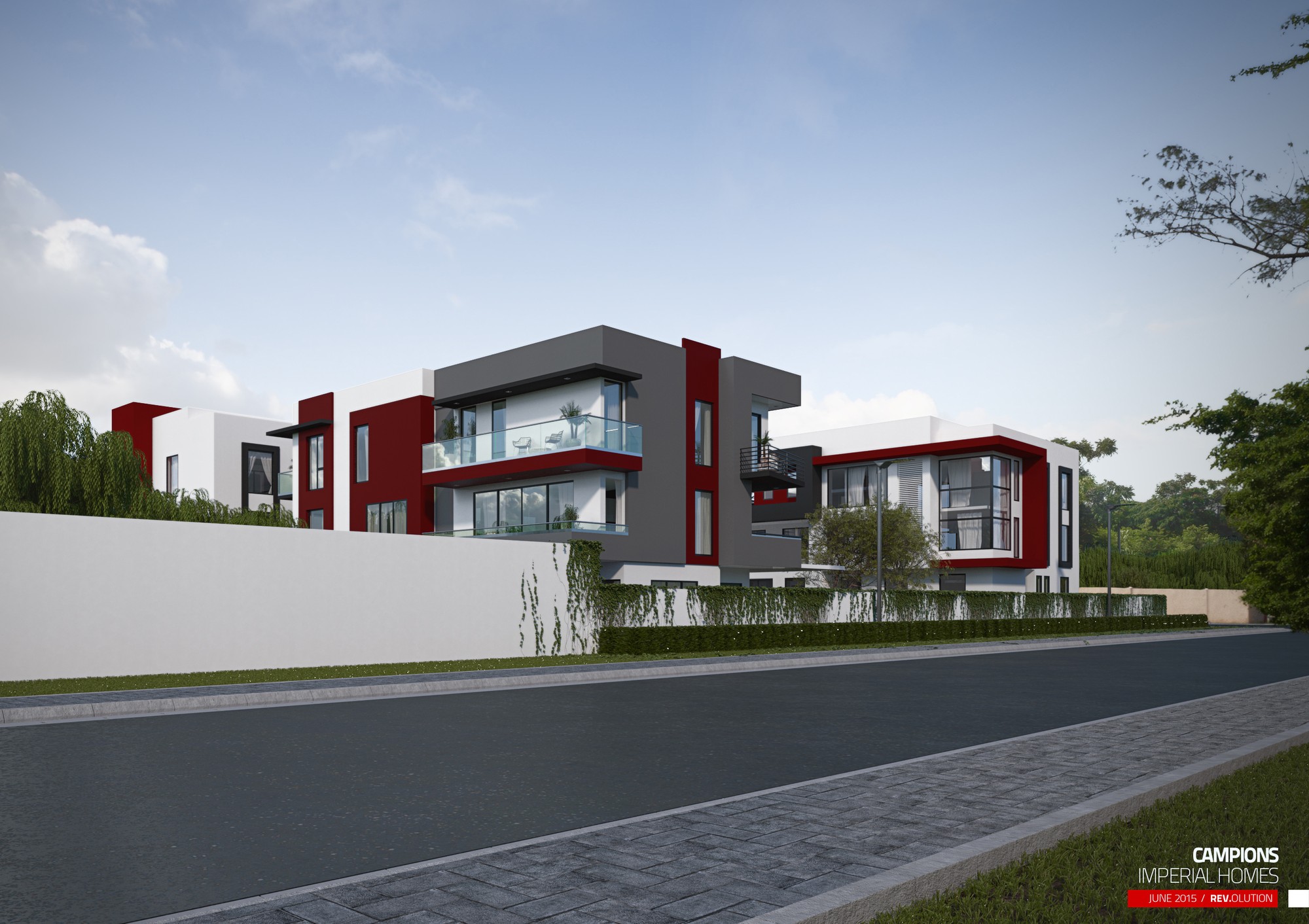 An exterior by day: the street view of a row of red-and-white terraced houses behind a white boundary wall