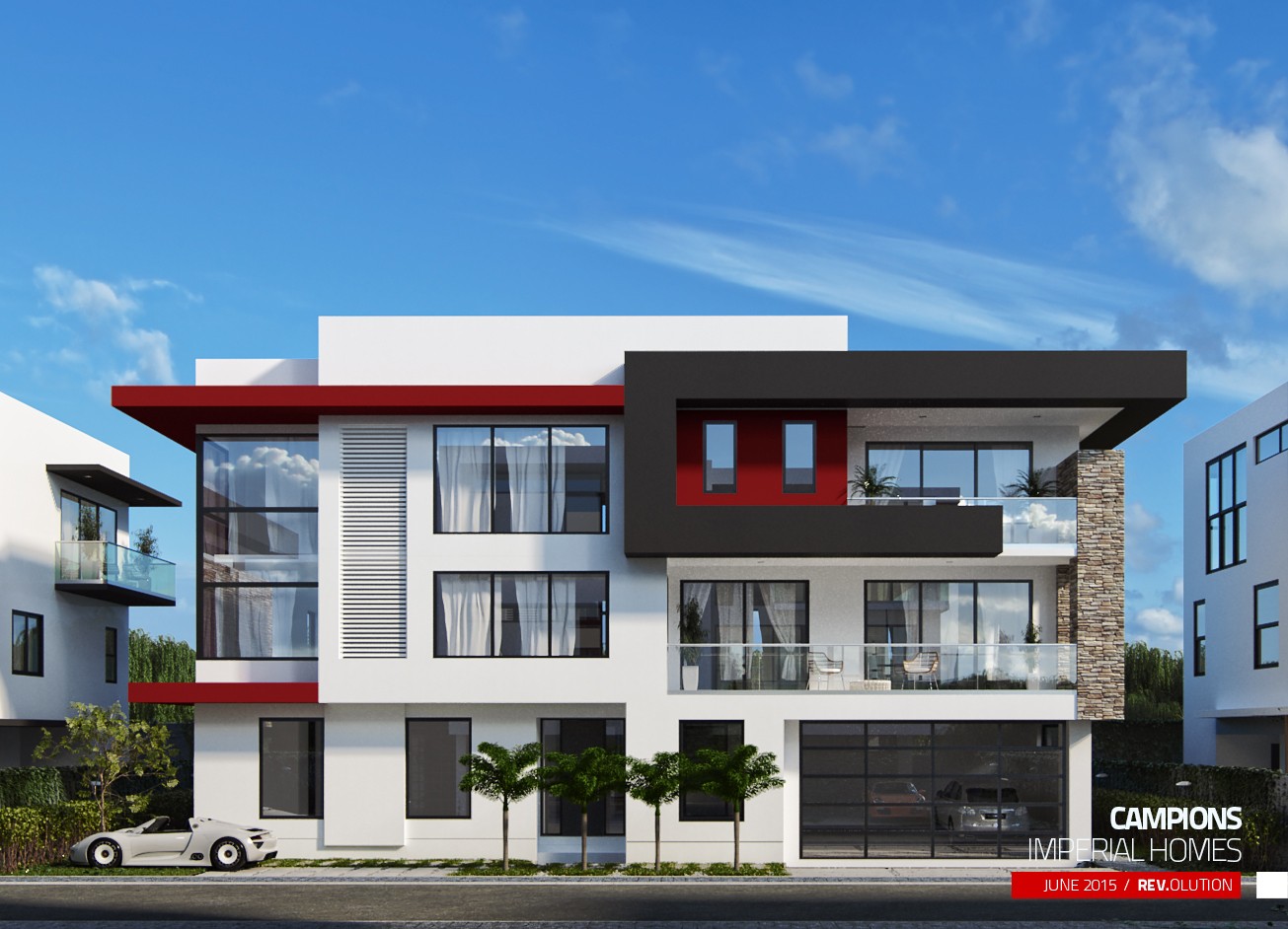 A front elevation by day: a three-storey white unit with red accents, a stone-clad corner, glass balustrades and a white car on the drive