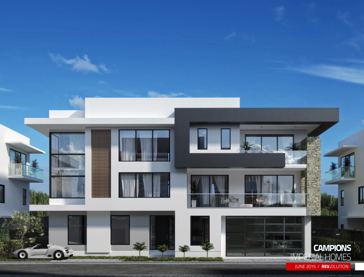 The same front elevation in a charcoal-grey colourway, the white car parked in front