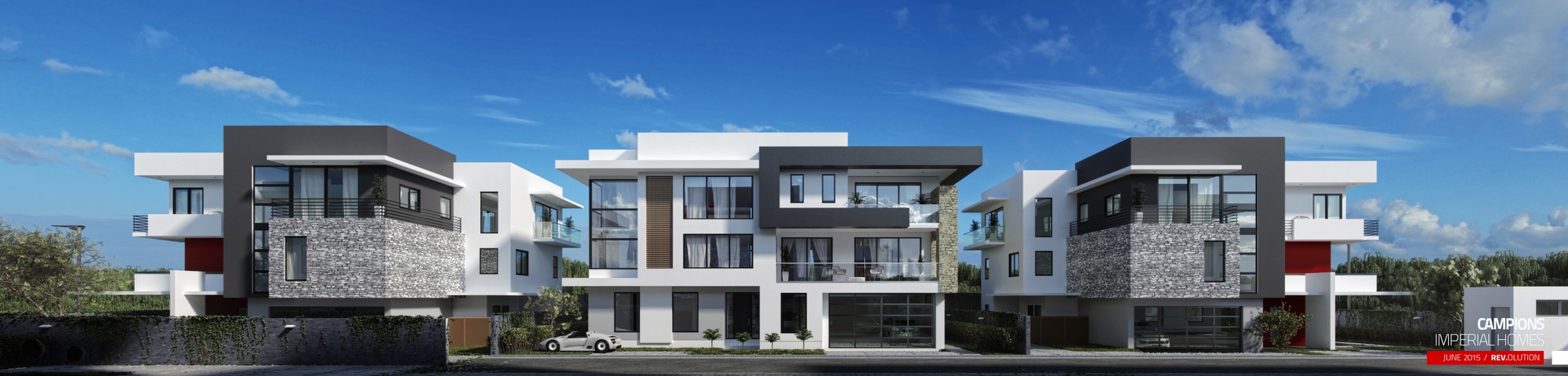 A wide street strip: three white and stone-clad terraced houses in a single frame under a blue sky