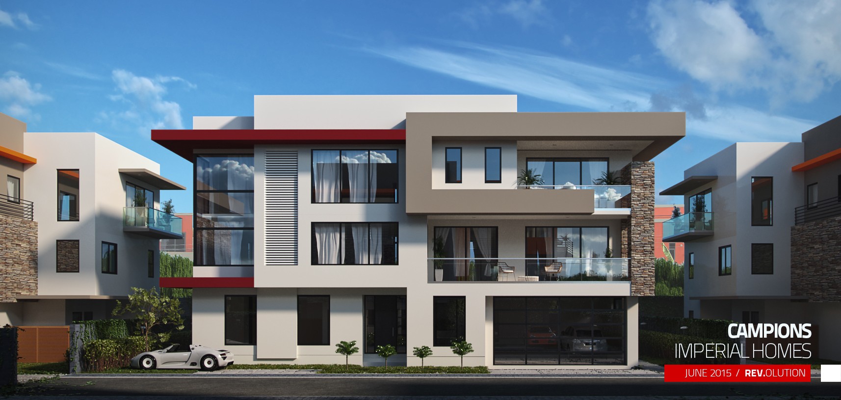 A front elevation in a taupe colourway, with a white car on the drive and neighbouring units at either side