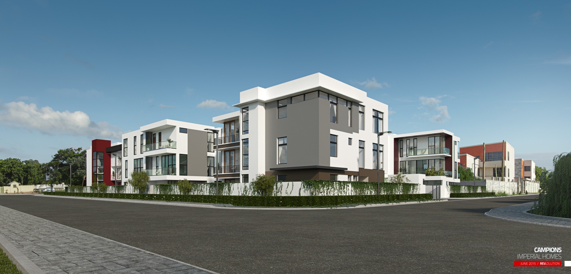 A street corner view: the row of white and grey terraced houses seen across a paved road