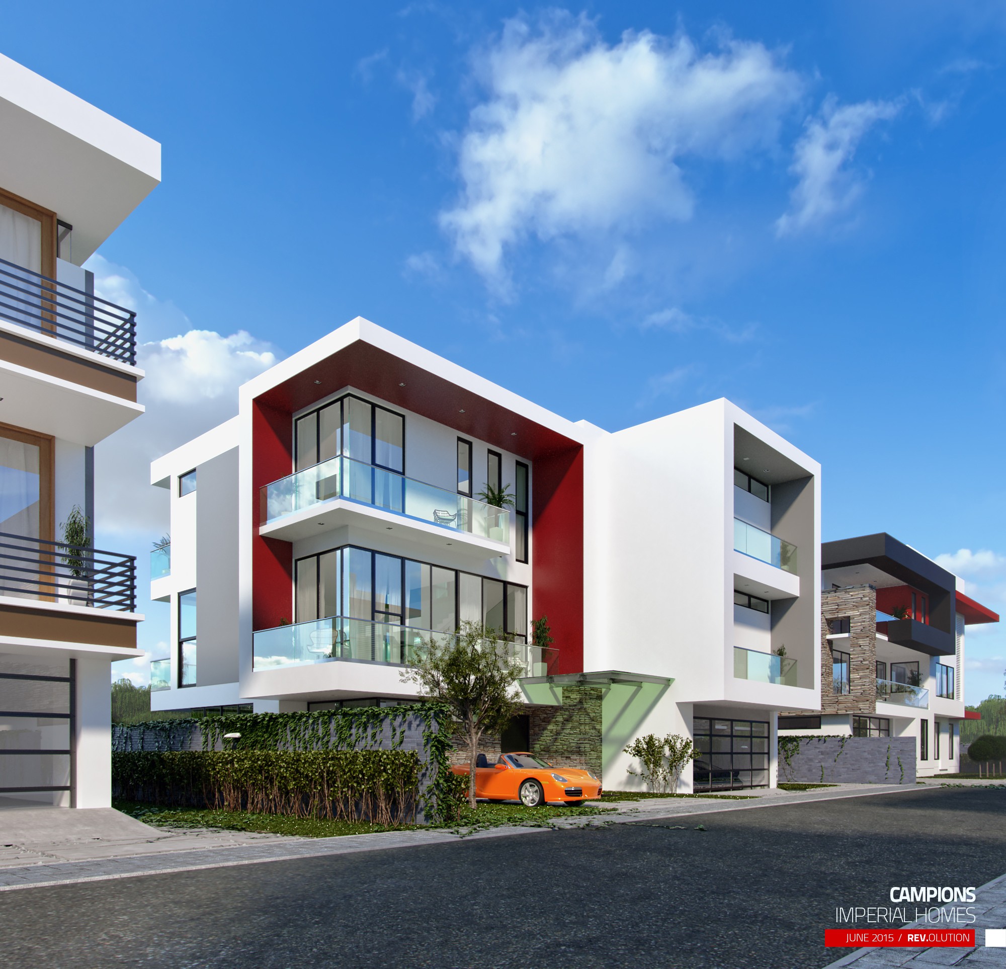 An exterior by day: a white house with red balcony recesses and glass balustrades, an orange car on the drive and a hedge along the street