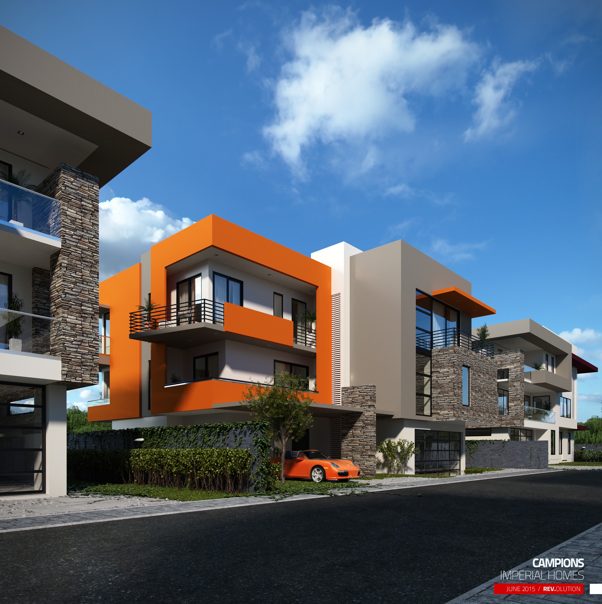 An exterior by day: a house in an orange colourway with a stone-clad corner and an orange car parked in front