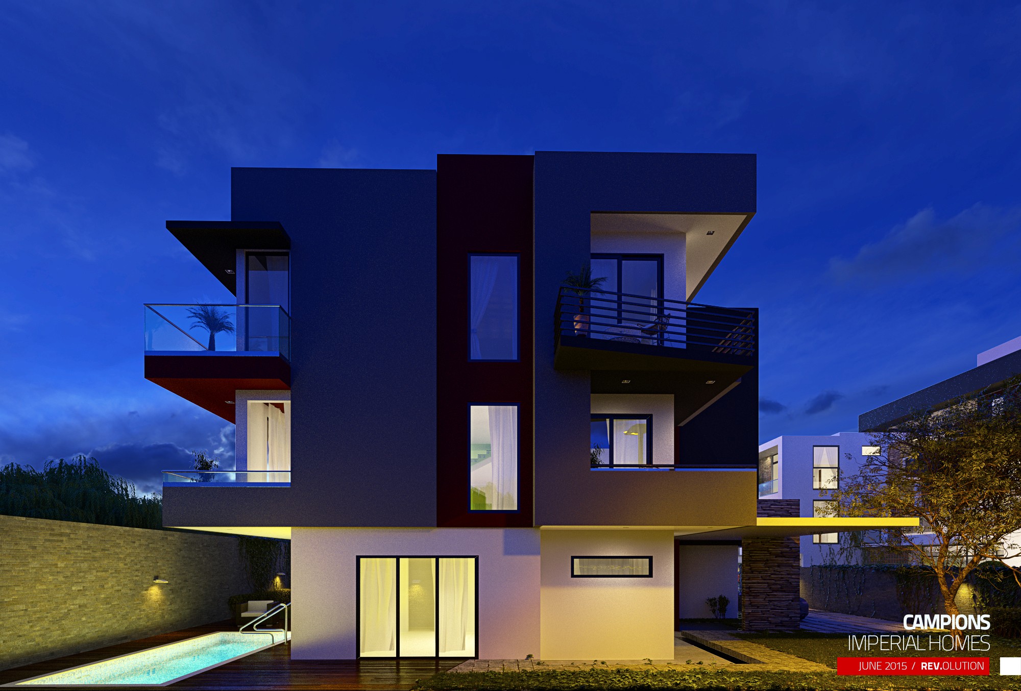 An exterior at dusk: a charcoal-grey house with a maroon vertical band, a lit pool at the lower left and a deep blue sky