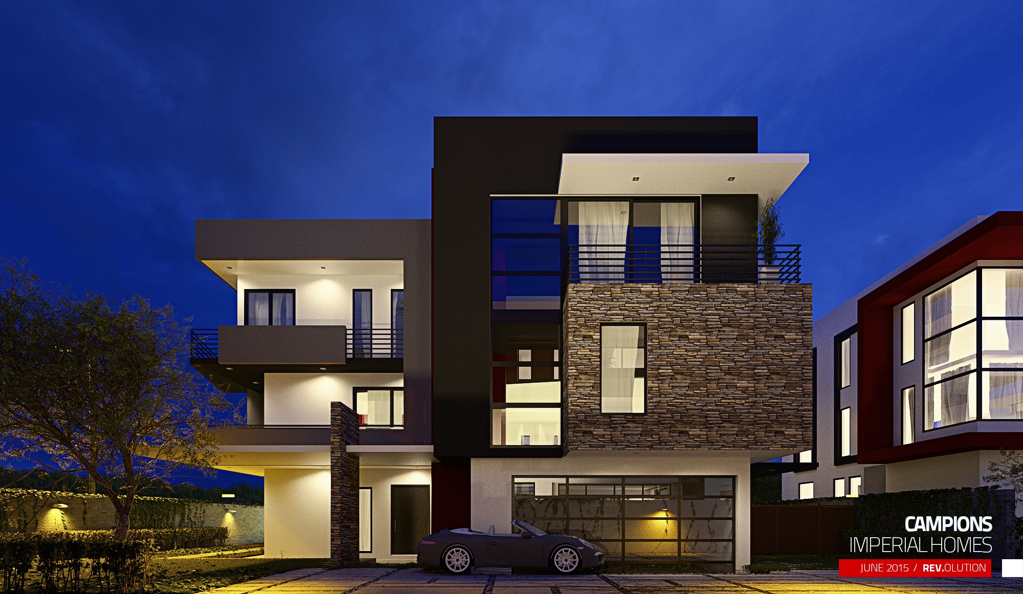 An exterior at dusk: a stone-and-white house with a dark band, a black car on the drive and lit interiors