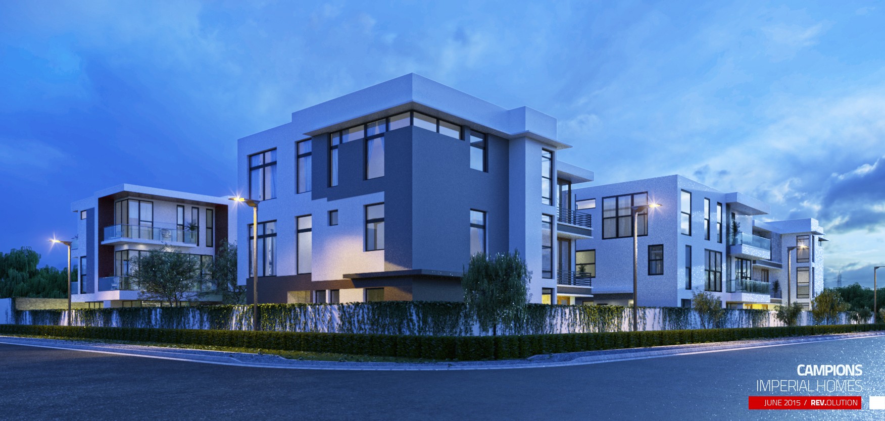 An exterior at blue hour: the street corner view of the white and grey terraced row with street lamps lit