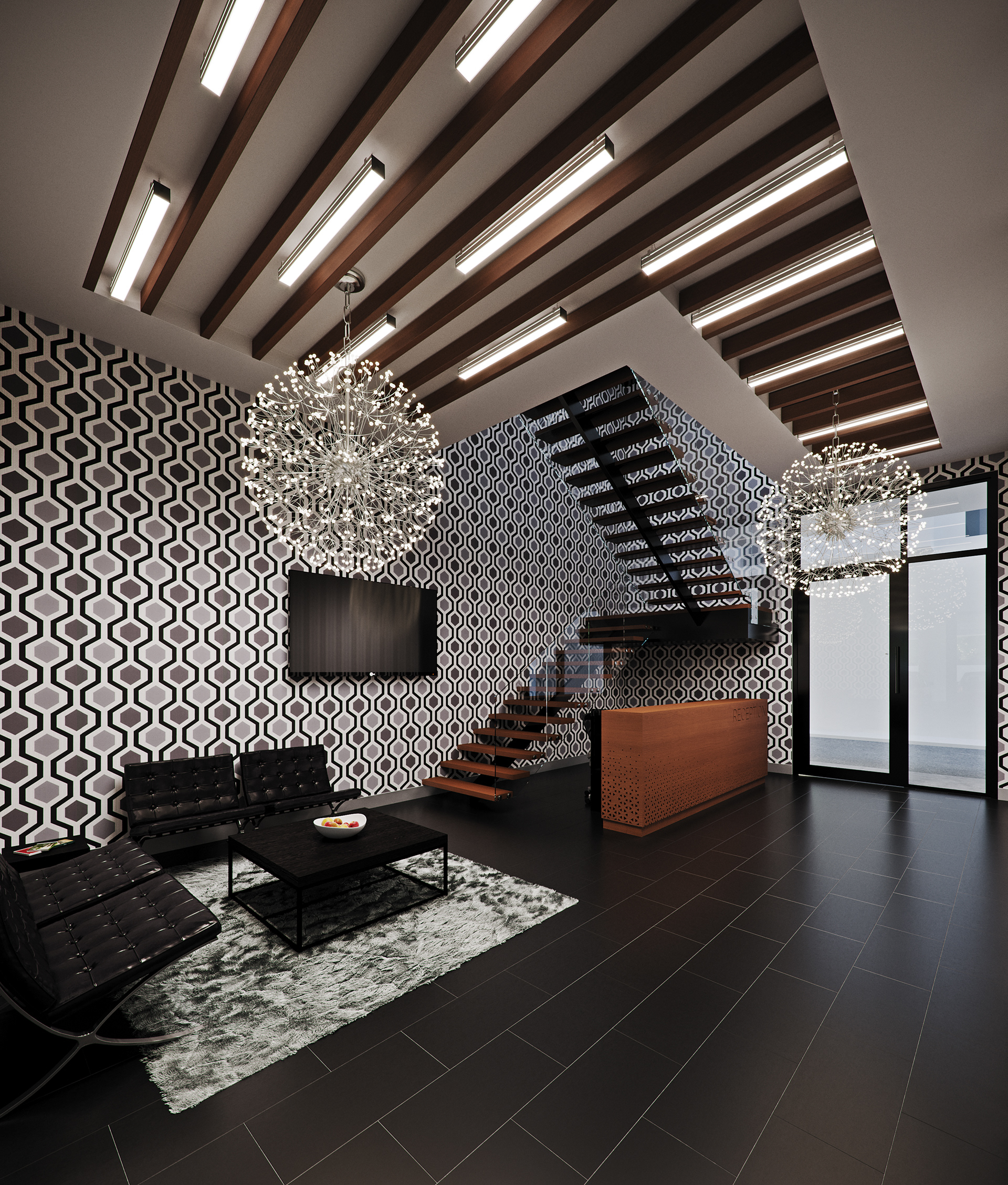 West Cantonments Residence lounge from the entrance end: wood baffle ceiling with recessed strips, two crystal ball chandeliers, black tufted chairs around the fruit table, a floating timber stair with glass balustrade and a star-cut timber counter by the glazed doors.