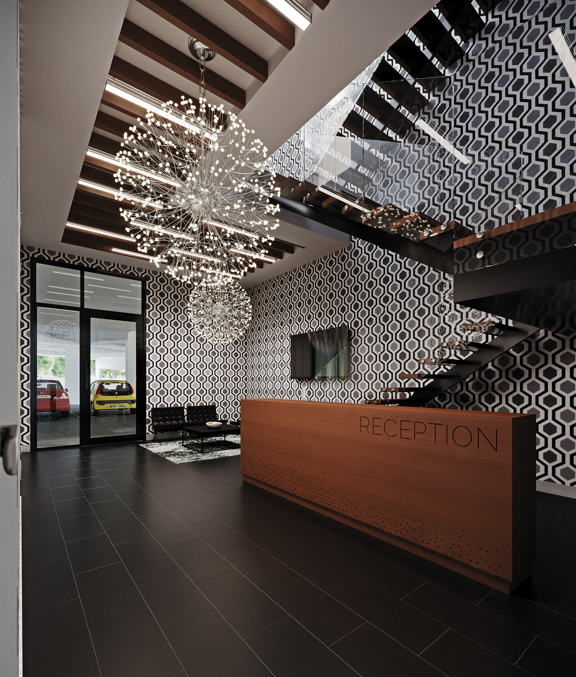 West Cantonments Residence reception from the door side: a timber front desk with the word RECEPTION cut into it, the floating stair rising at right, and through the glazed doors a red hatchback and a yellow car parked under a carport.