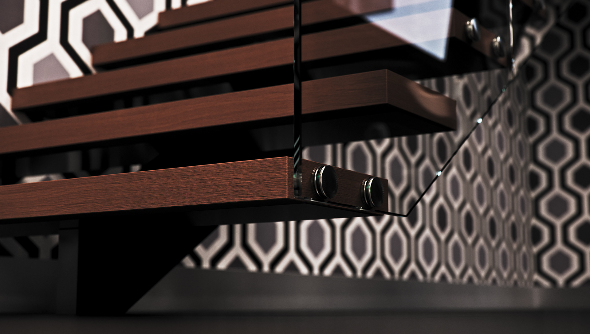 West Cantonments Residence stair detail at tread height: walnut treads with visible grain behind a clear glass balustrade fixed with round chrome standoff bolts, dark steel stringer and out-of-focus hexagonal wallpaper.