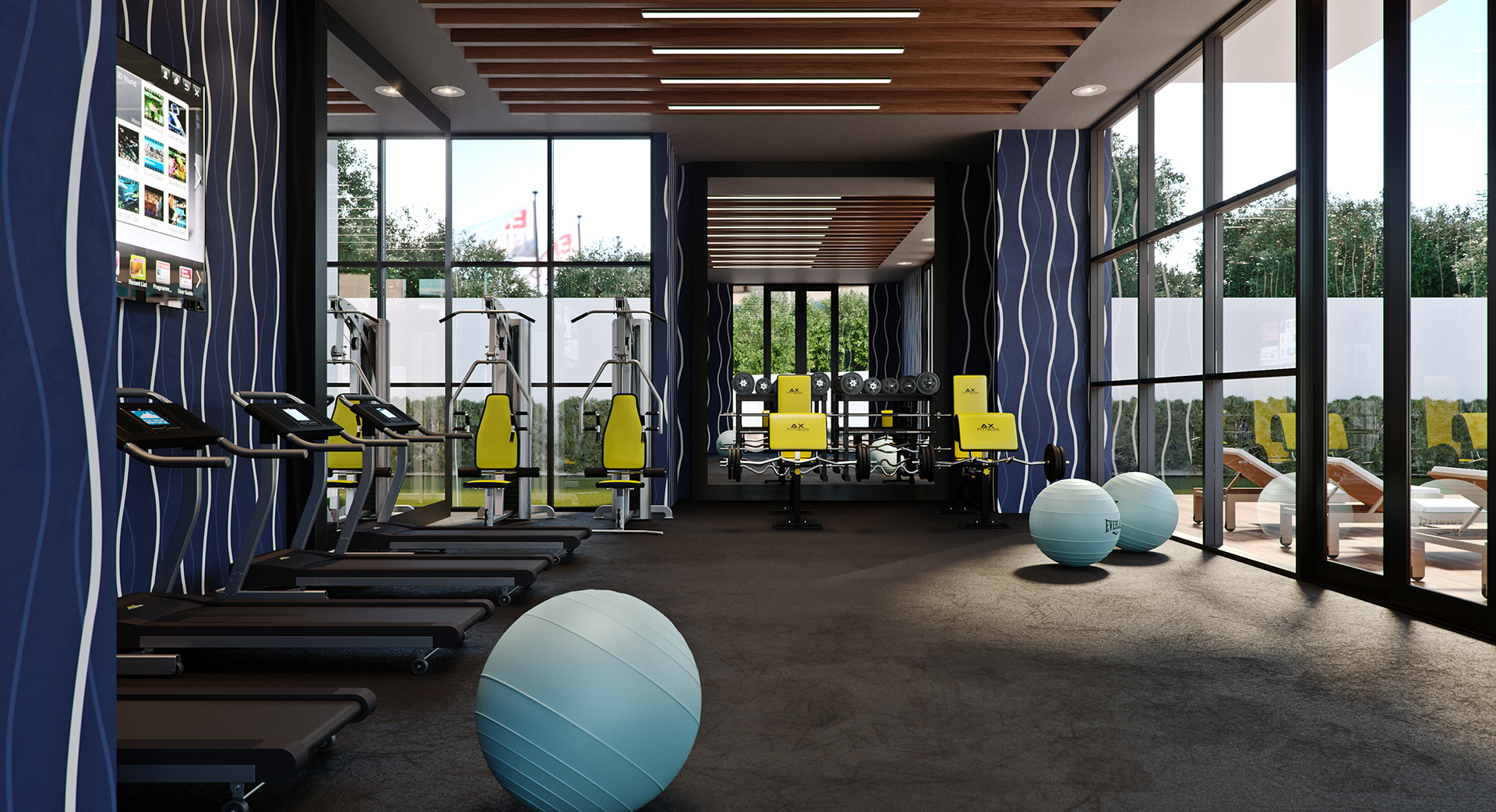 West Cantonments Residence gym down the treadmill row toward the free-weight end: dumbbell rack and yellow machines ahead, two blue EVERLAST balls on the floor and full-height glazing onto outdoor timber loungers.