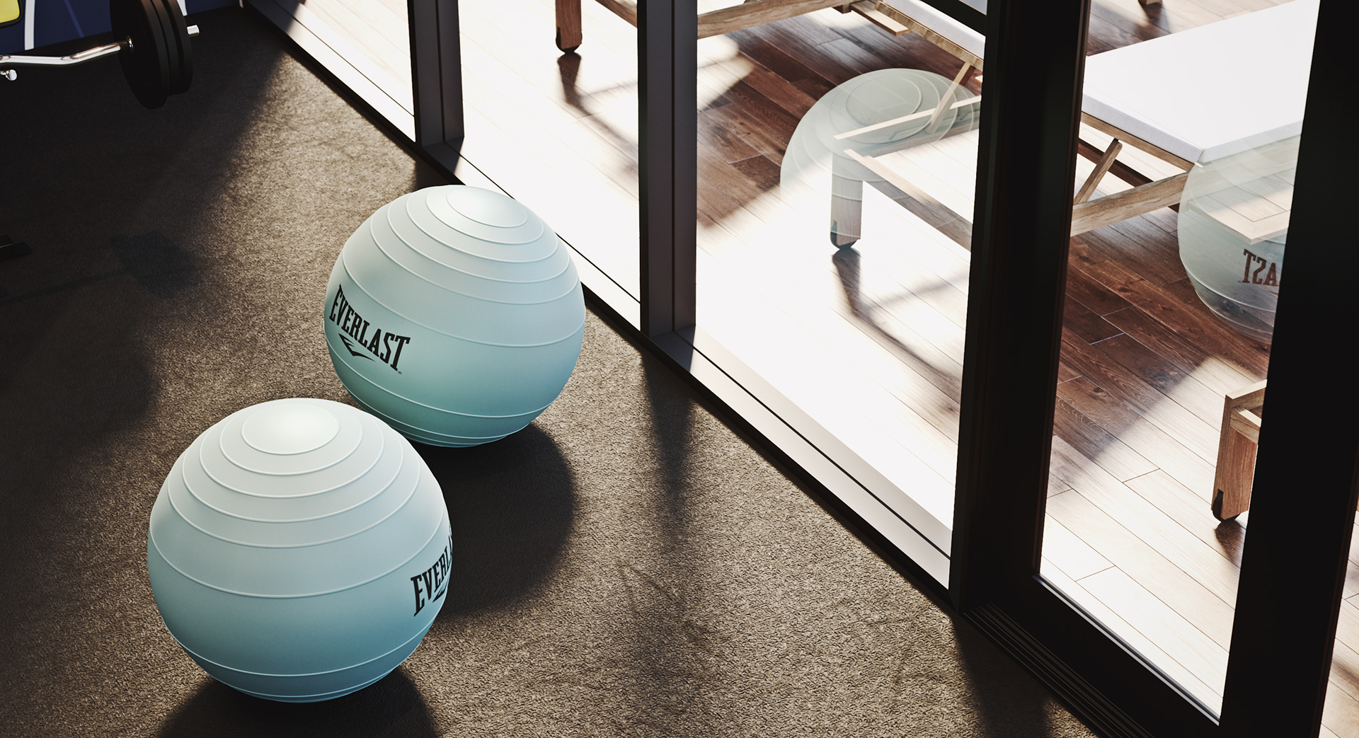West Cantonments Residence gym detail from above: two pale blue EVERLAST balance balls on dark textured carpet in stripes of sun, a black-framed glass wall and timber decking with a white-cushioned lounger beyond.