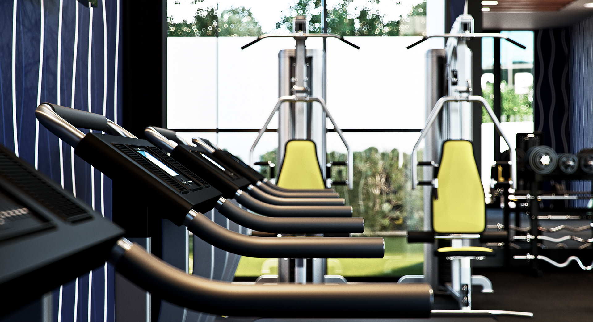 West Cantonments Residence gym at tread level along the treadmill line: black consoles and rubber handles in shallow focus, two yellow-backed cable machines against bright windows and a dumbbell rack at right.