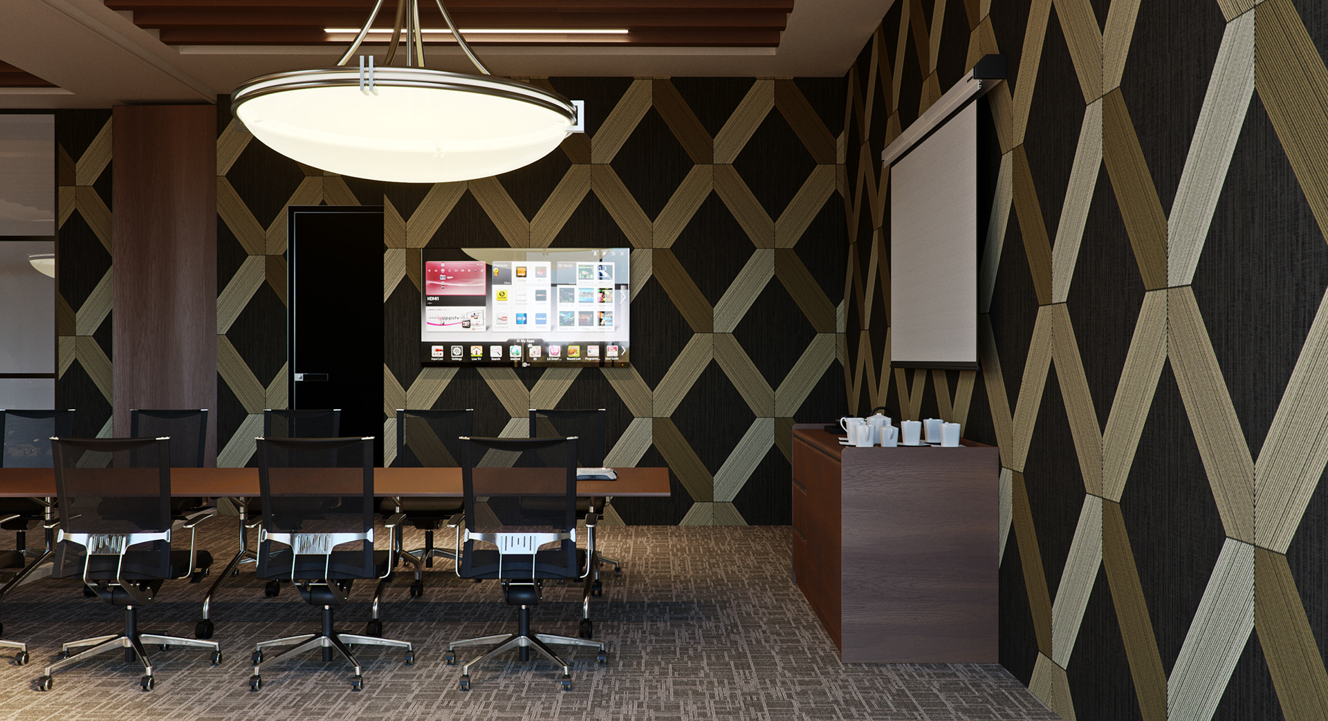 West Cantonments Residence boardroom turned to the corner: a pull-down projector screen on the right wall, a dark wood credenza holding white cups and a teapot, a black flush door and the oval pendant overhead.
