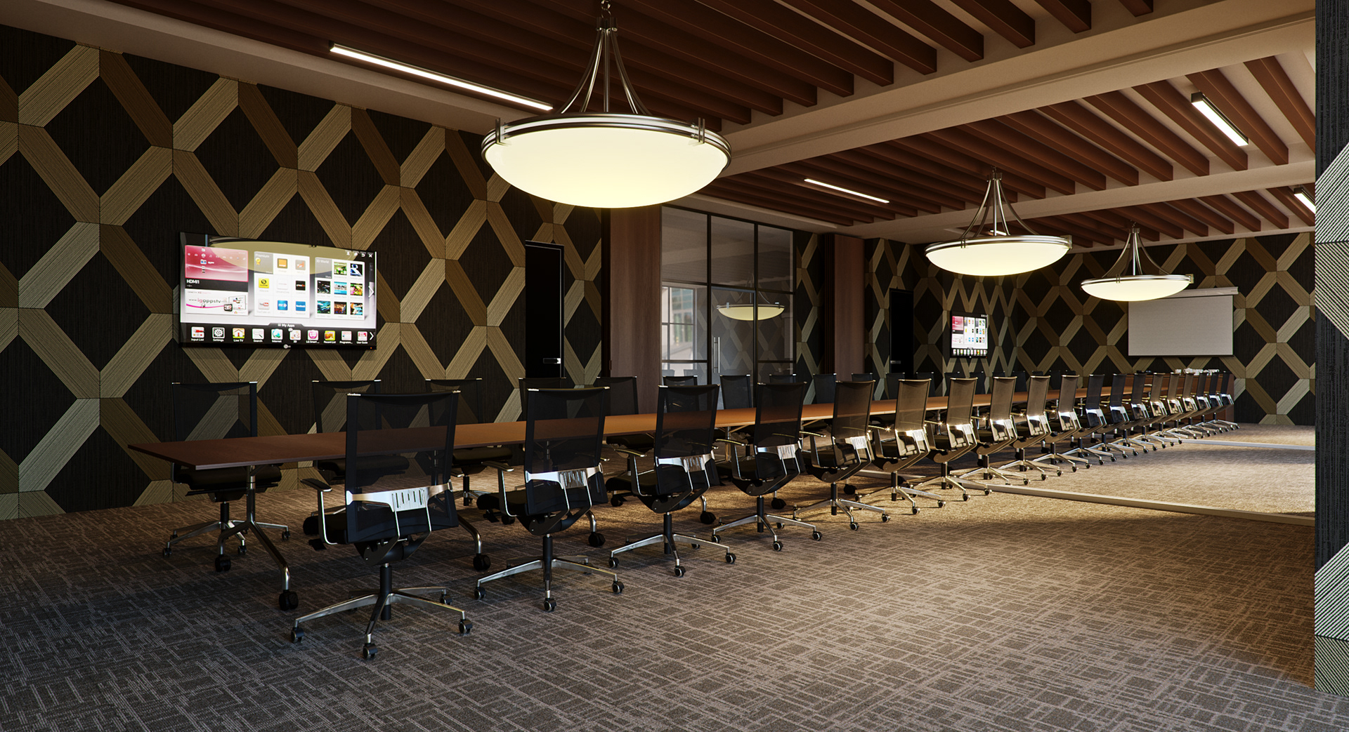 West Cantonments Residence boardroom down the length of the table: three oval pendants in a row under the wood-slat ceiling, mesh chairs on both sides, a second screen on the far wall and a glazed partition with reflections.