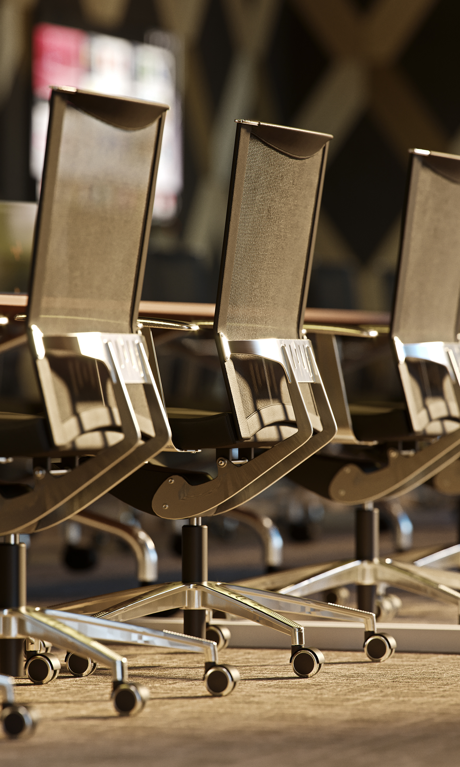 West Cantonments Residence boardroom chairs in portrait: three black mesh seats with chrome loop frames, five-star bases and casters on grey carpet tiles, the edge of the wood table and blurred geometric panelling behind.