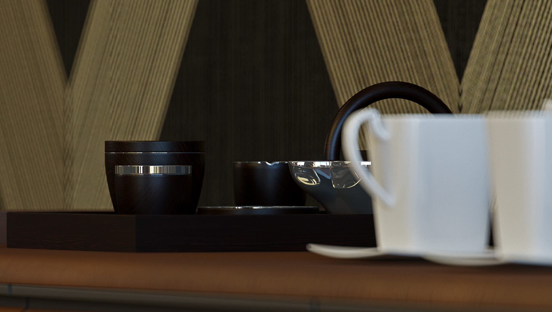 West Cantonments Residence tea service at table height: a dark wood canister with a chrome band, a grey teapot with an arched black handle and a white cup and saucer on a tray against gold-and-charcoal panelling.